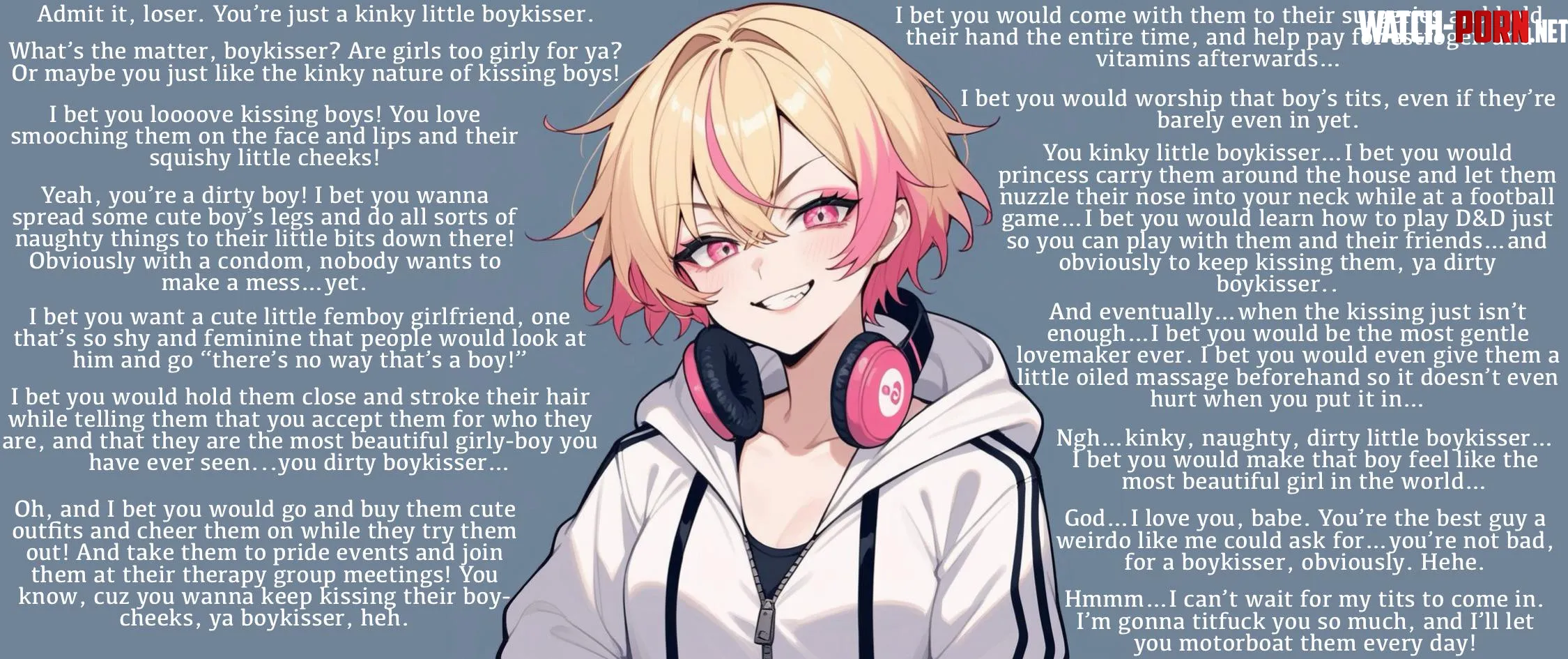 Just a dirty little boykisser [male POV] [teasing to gushing] [trans] [loving] [male to female transition] [gay? Or bisexual? Or a boykisser?] [no sex, but imminent sex in the future] [talk of boobs] [love confession] by Sir-M-Oxlong