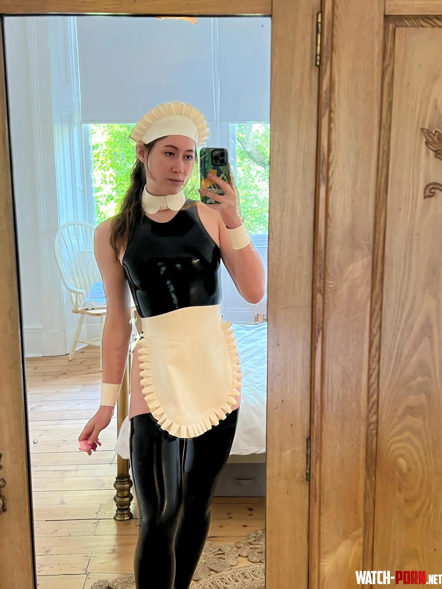 The maid shows up all shiny. Who’s going to tip by LATEXnCHILL