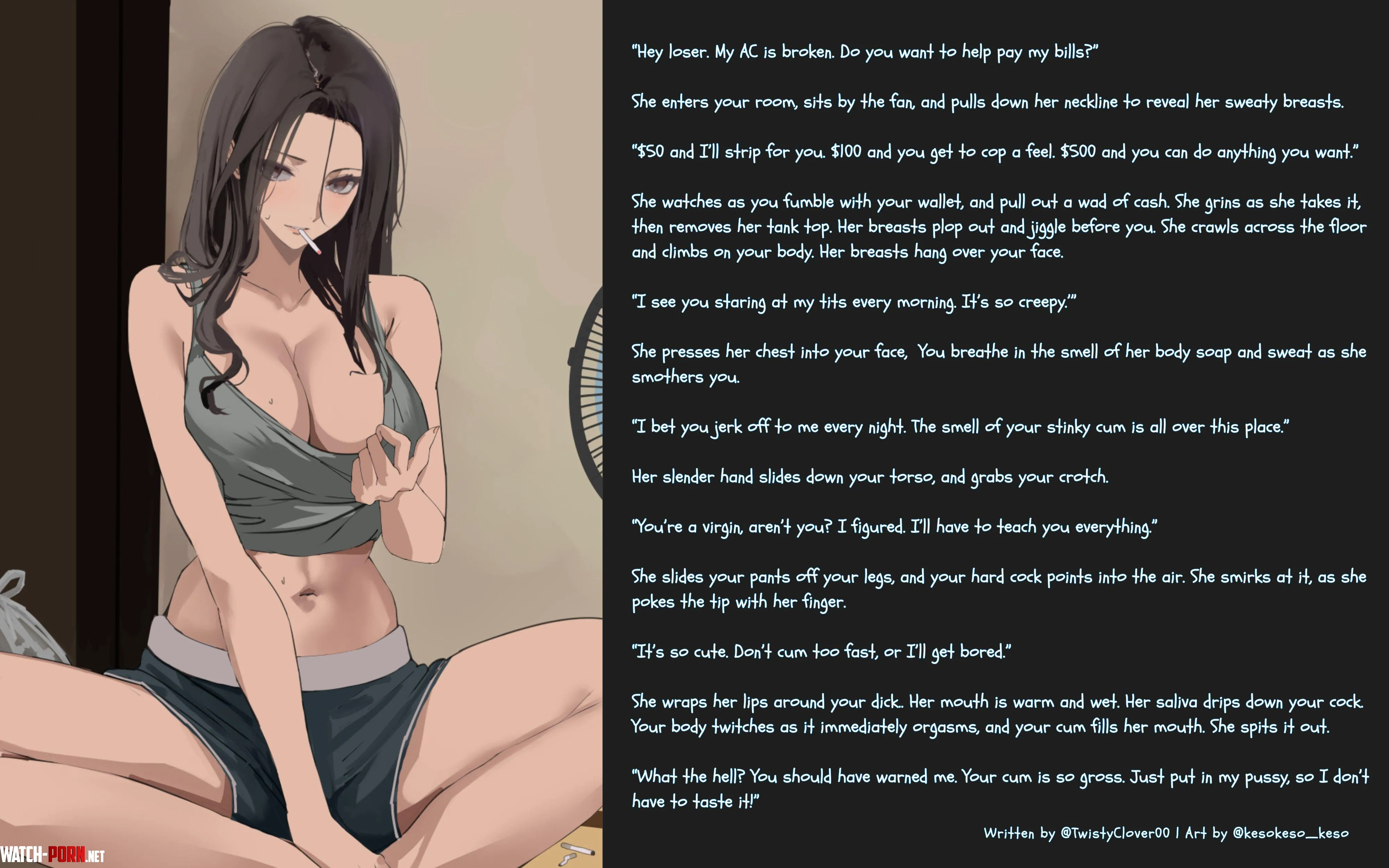 Your neighbor knocks on the door in the middle of the night [Prostitution] [Older Woman] [Oral] [Orgasm] [Verbal Degradation] | Source: @kesokeso_keso by TwistyClover
