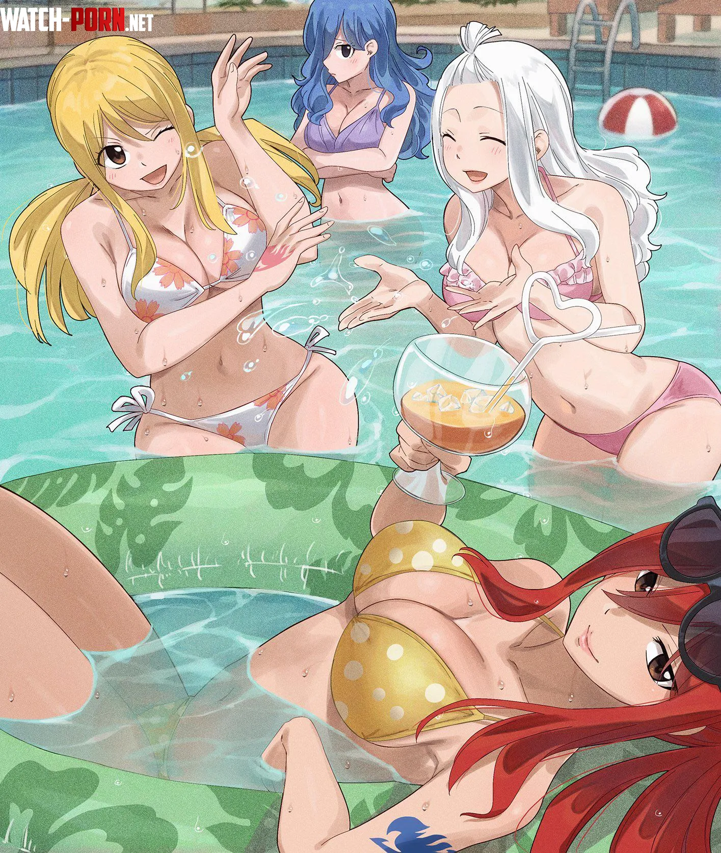Lucy, Erza, Mira and (sort of) Juvia having fun in the water (Gaston18) [Fairy Tail] by MillionHypotheses