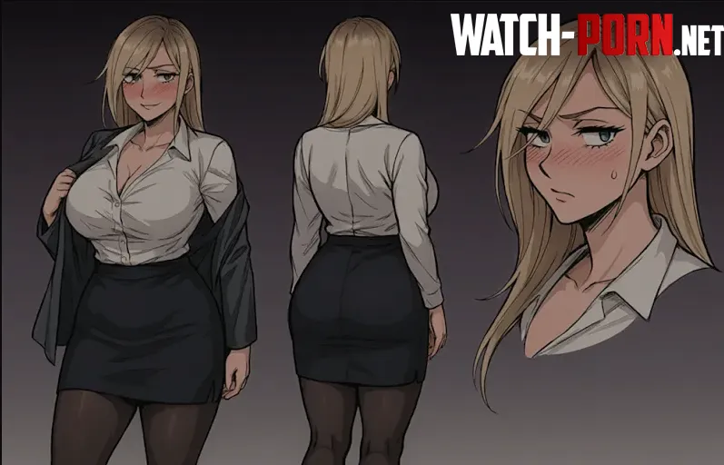 LF Mono Source: 1girl, office lady, suit, skirt, black stockings, blond hair, big breasts, blushing. by Killofall