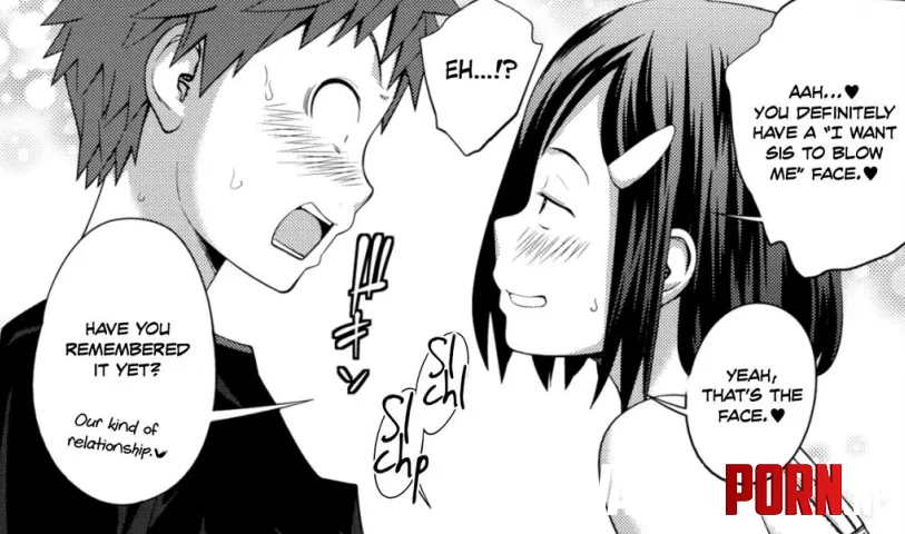 LF MONO SOURCE: 1boy, 1girl, black hair, blush, hair clip, open mouth, shocked, short hair, smile, smug, sweat, TEXT: AAH... YOU DEFINITELY HAVE A 