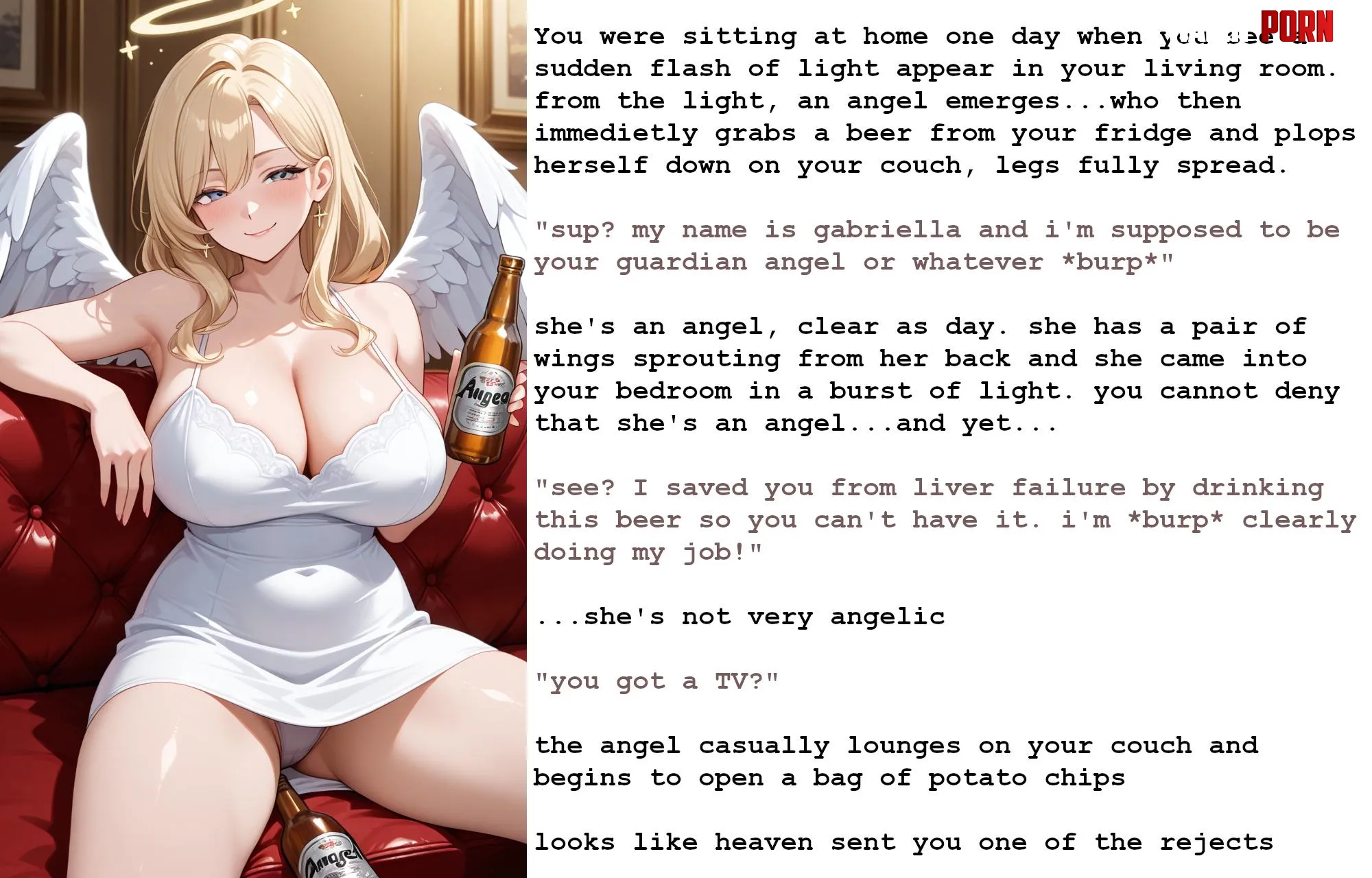 Your Guardian(?) Angel [Comedy] [POV] [Angel] [Alcoholic] [Upskirt] [Bimbo] [Girlfailure] [AI Art] by NSFWilliam69