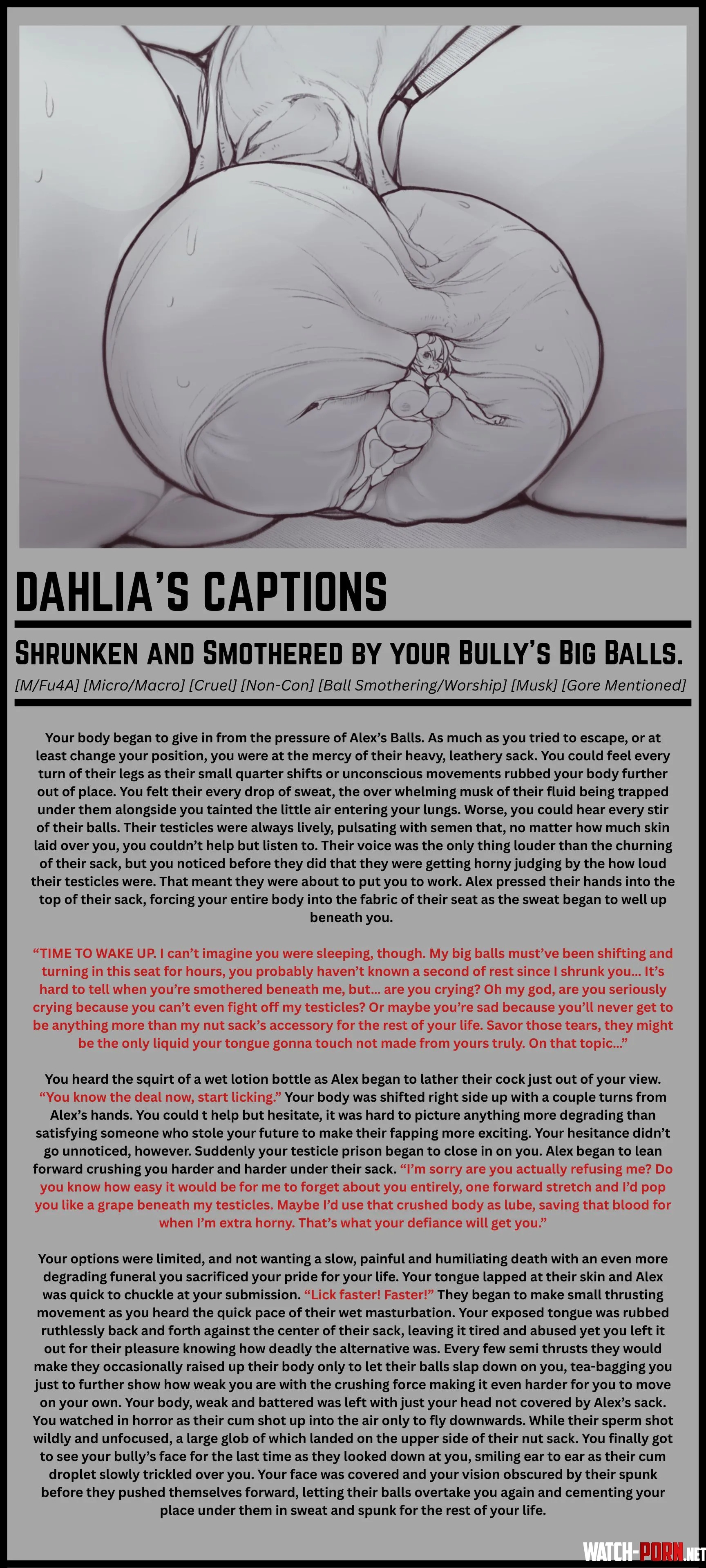 Shrunken and Smothered by Your Bully’s Big Balls [M/Fu4A] [Micro/Macro] [Cruel] [Non-Con] [Ball Smothering/Worship] [Musk] [Gore Mentioned] by God-Dahlia