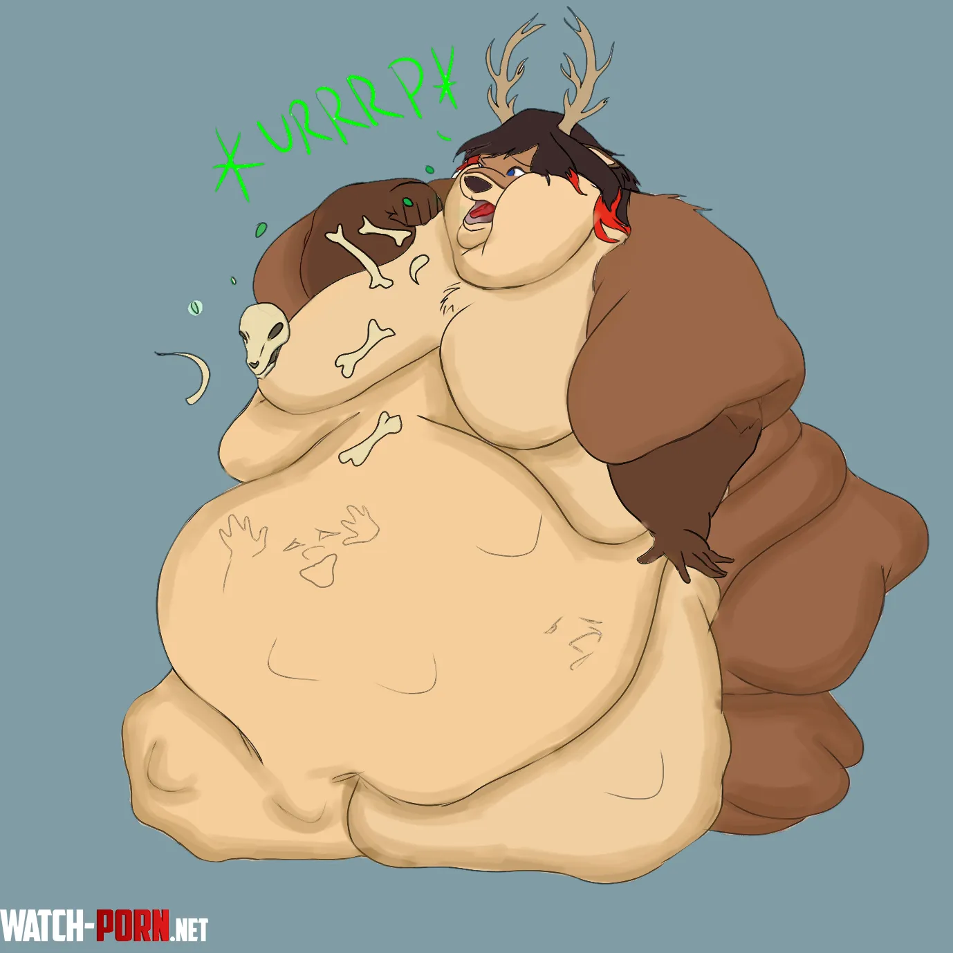 {Image} Gluttonous lardy deer girl burping up her last meal while digesting some more [OC] [Art by thepillow13] [Bones] by Necessary_General666