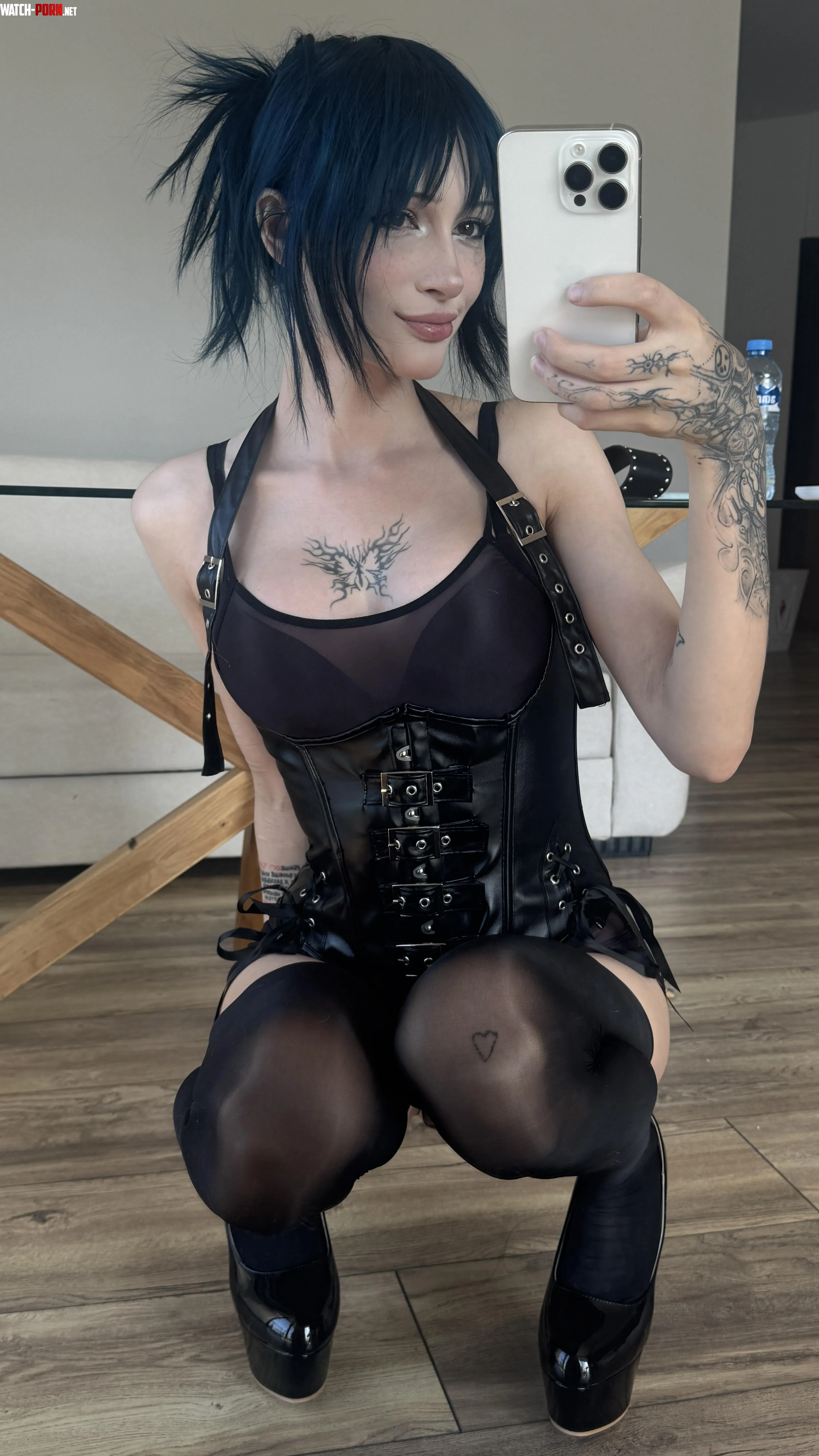 I love wearing shiny corset with nylon by fallenemoangel111