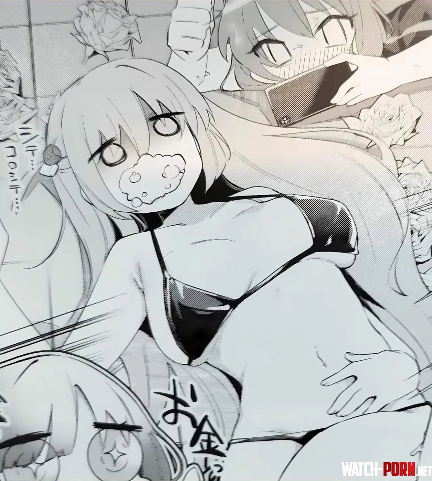 LF Mono Source: 3girl, text, blush, bocchi the rock!, face, gotoh hitori, Ikuyo Kita, Ryo Yamada, hair between eyes, long hair, long hair, bikini, phone by machinexd22