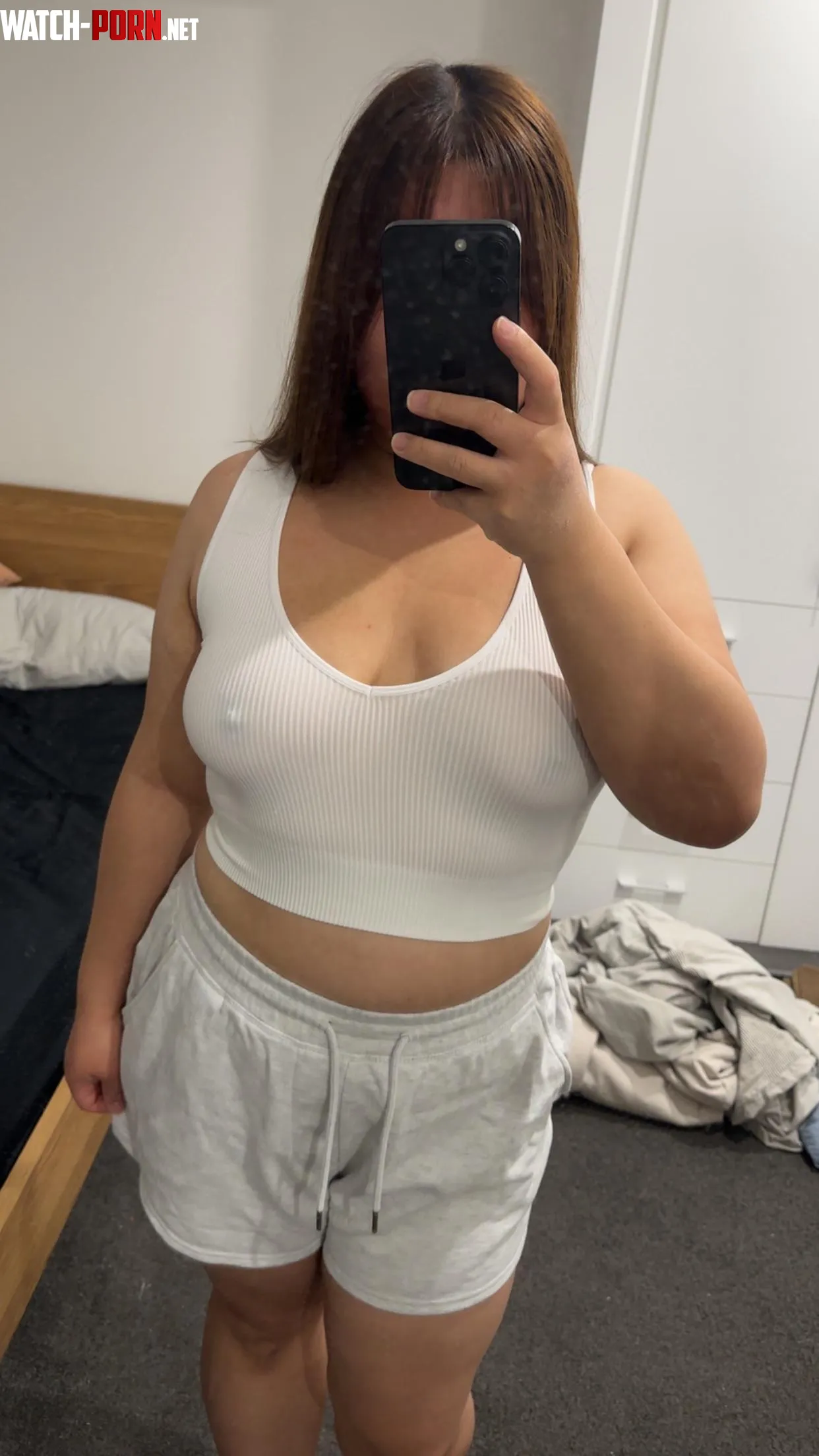 I like the contrast of my dark nipples in this white top 🙂 by berrythicc_