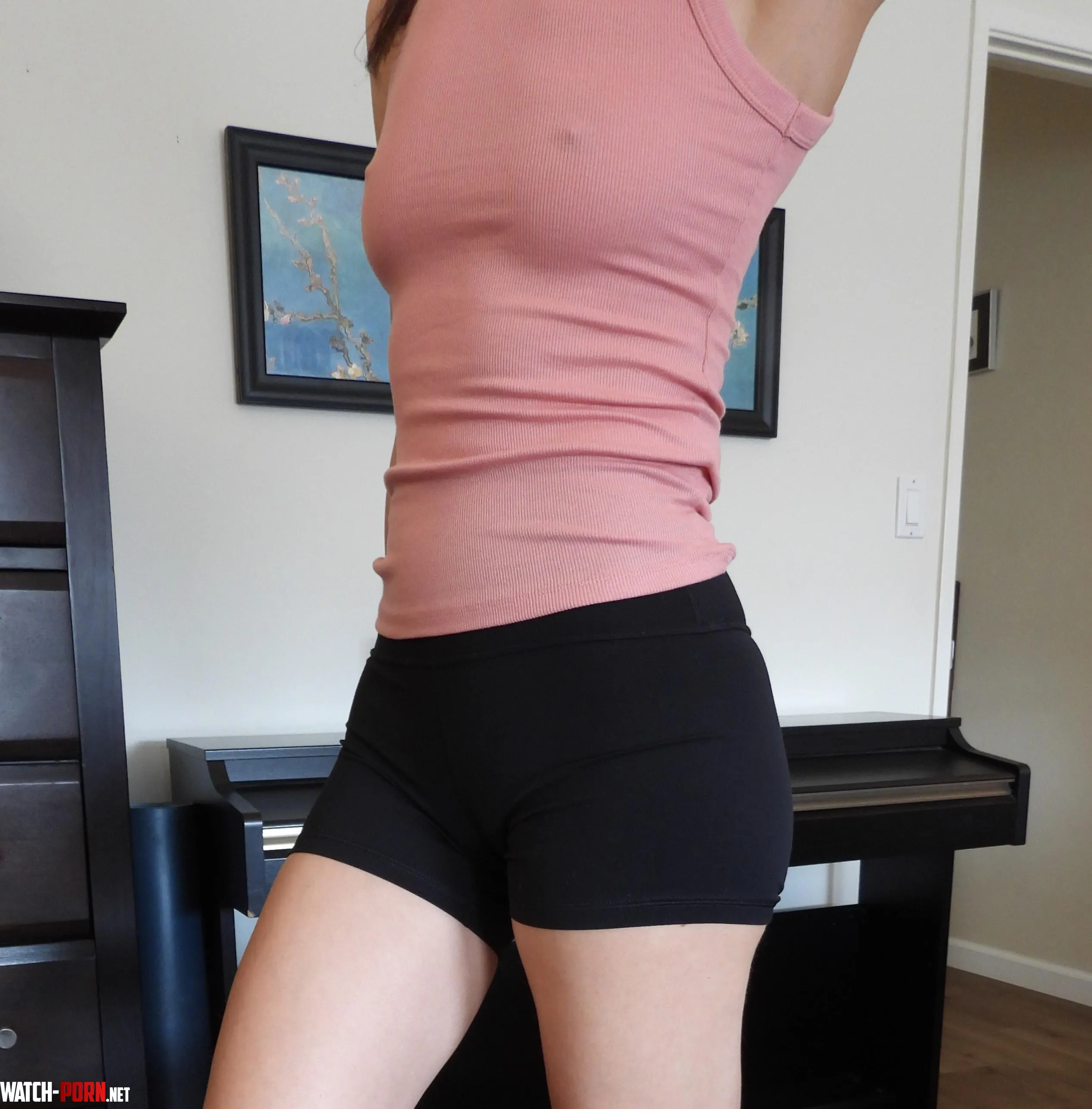 Braless b cups with yoga shorts by ms_velvet_jane