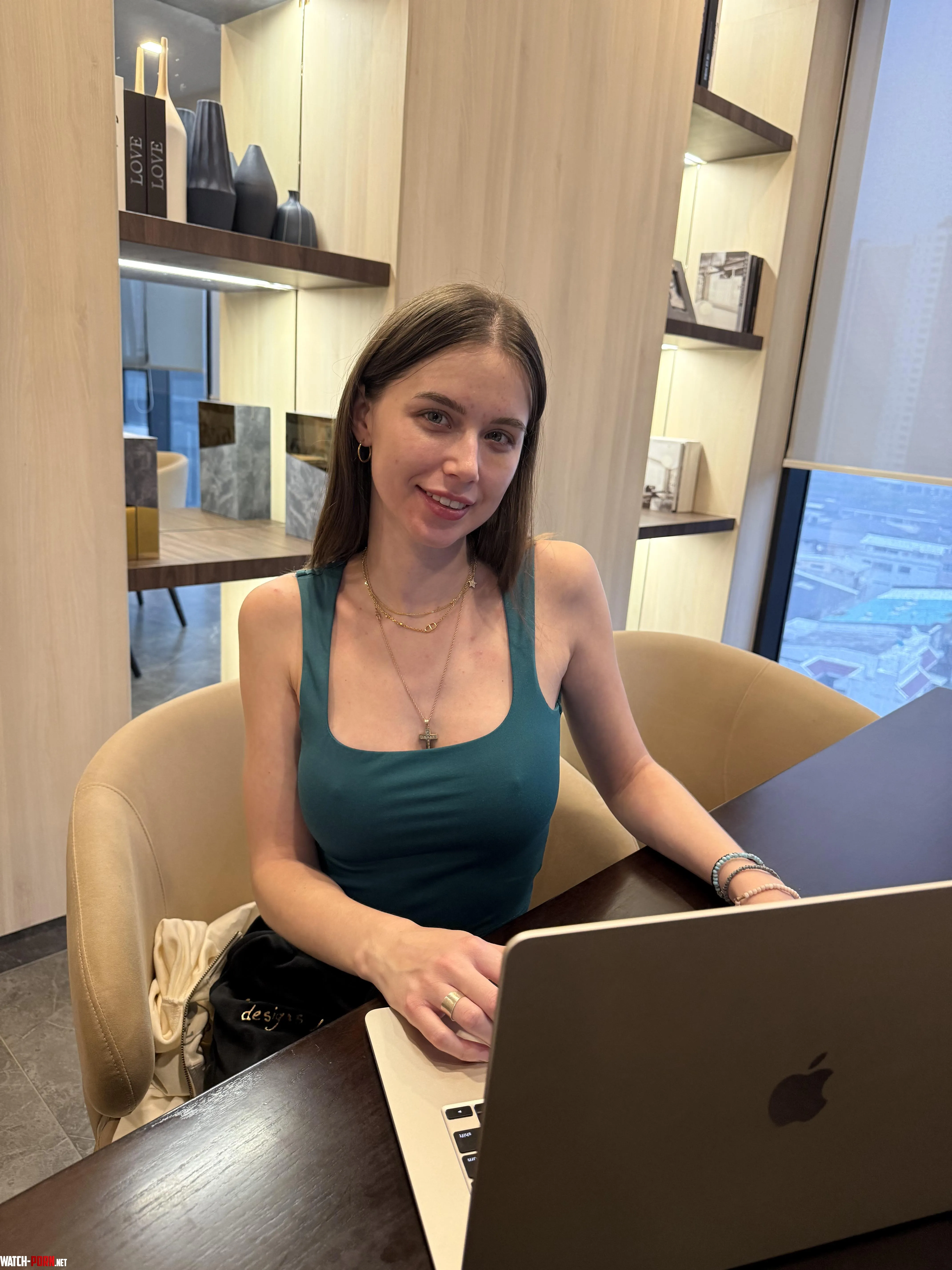 Wearing my green top in the office by Justacutienere