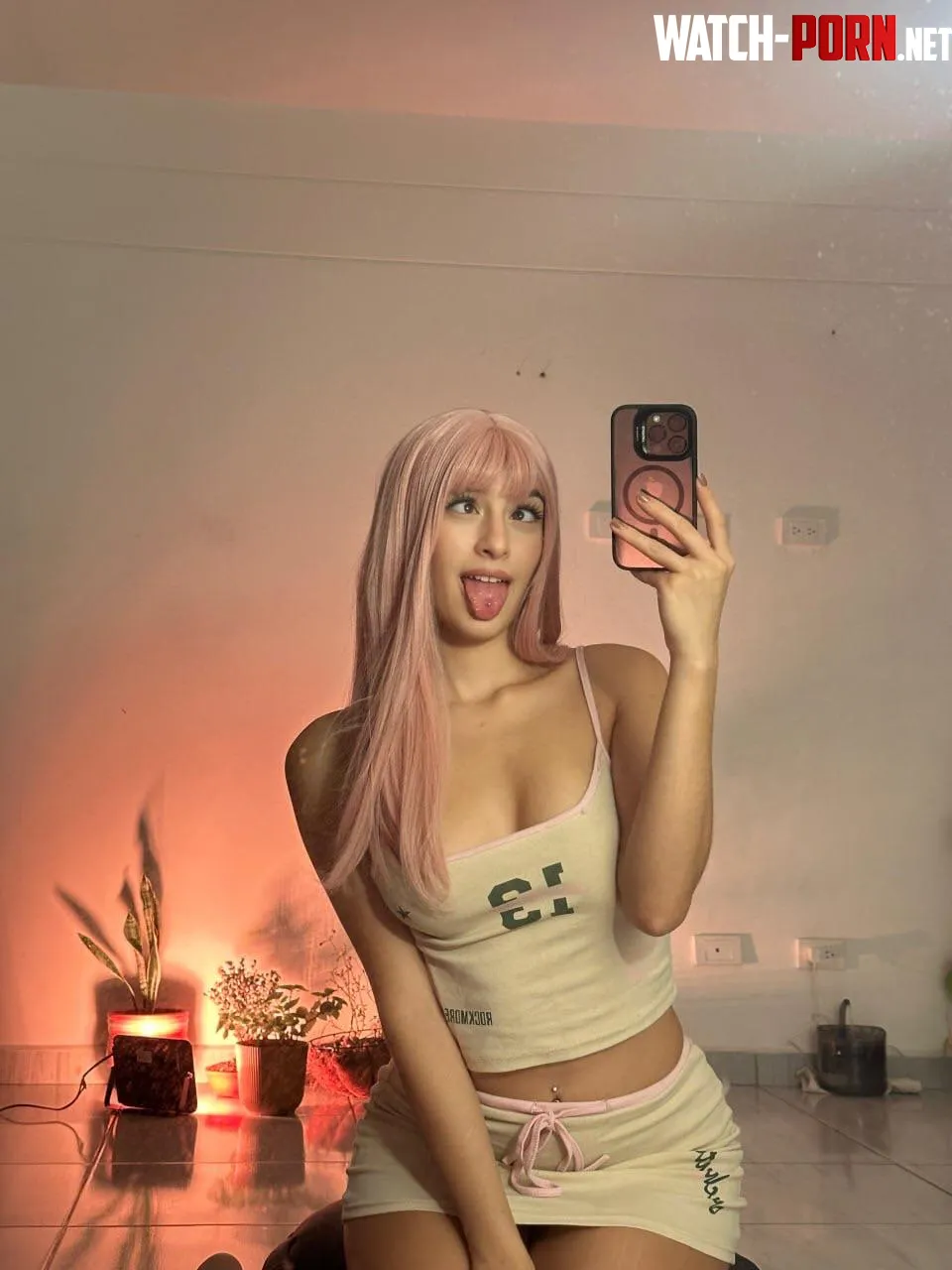 your pink hair waifu sticking tongue out by MoonBeamMoth