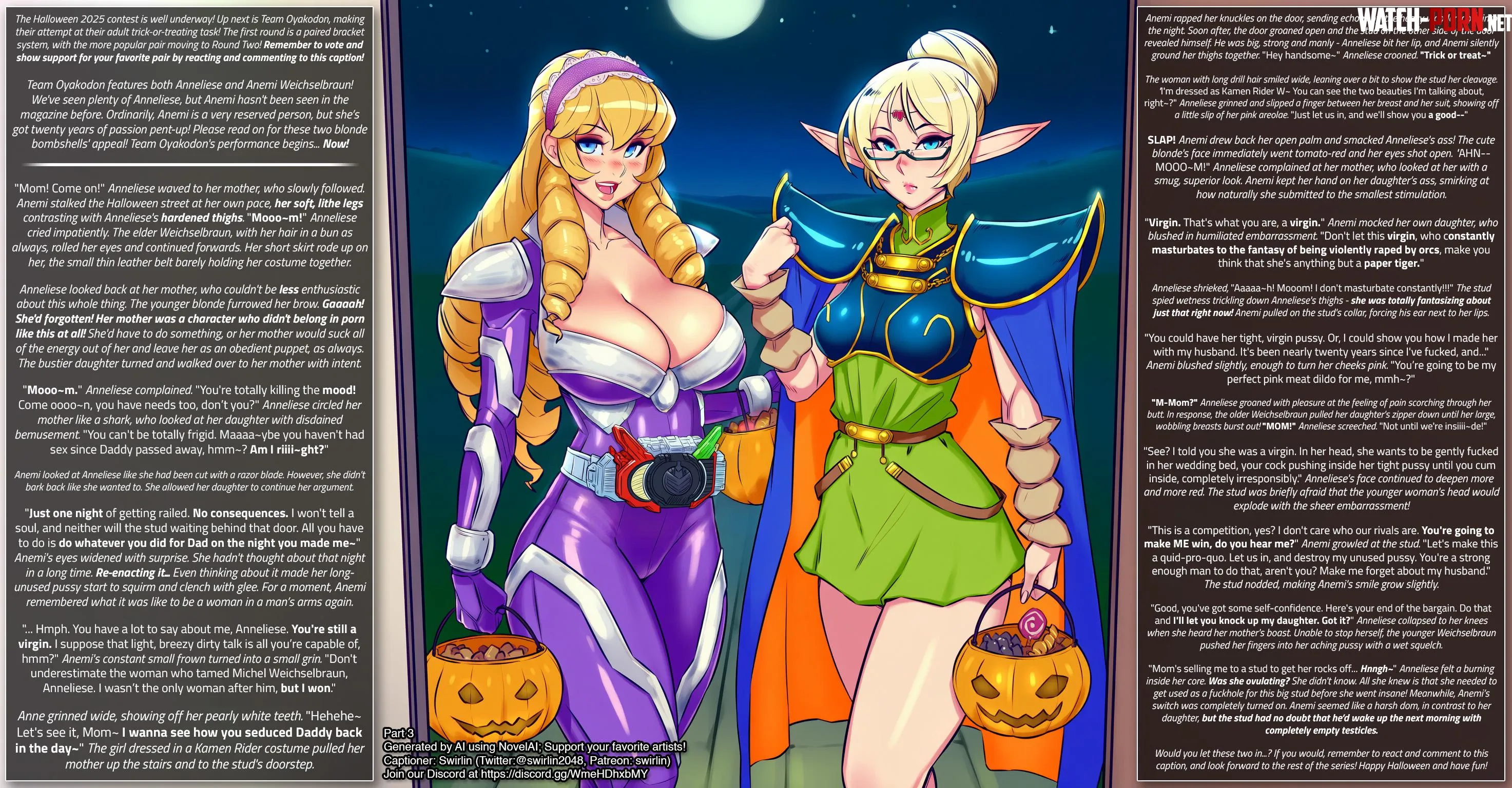 Swirlgirls Halloween Contest Part Three - Team Oyakodon [AI-Generated Image] [Swirlgirls] [OCs] [Mother & Daughter] [Dirty Talk] [Hot vs Cold] [Yuri] by swirlin2048