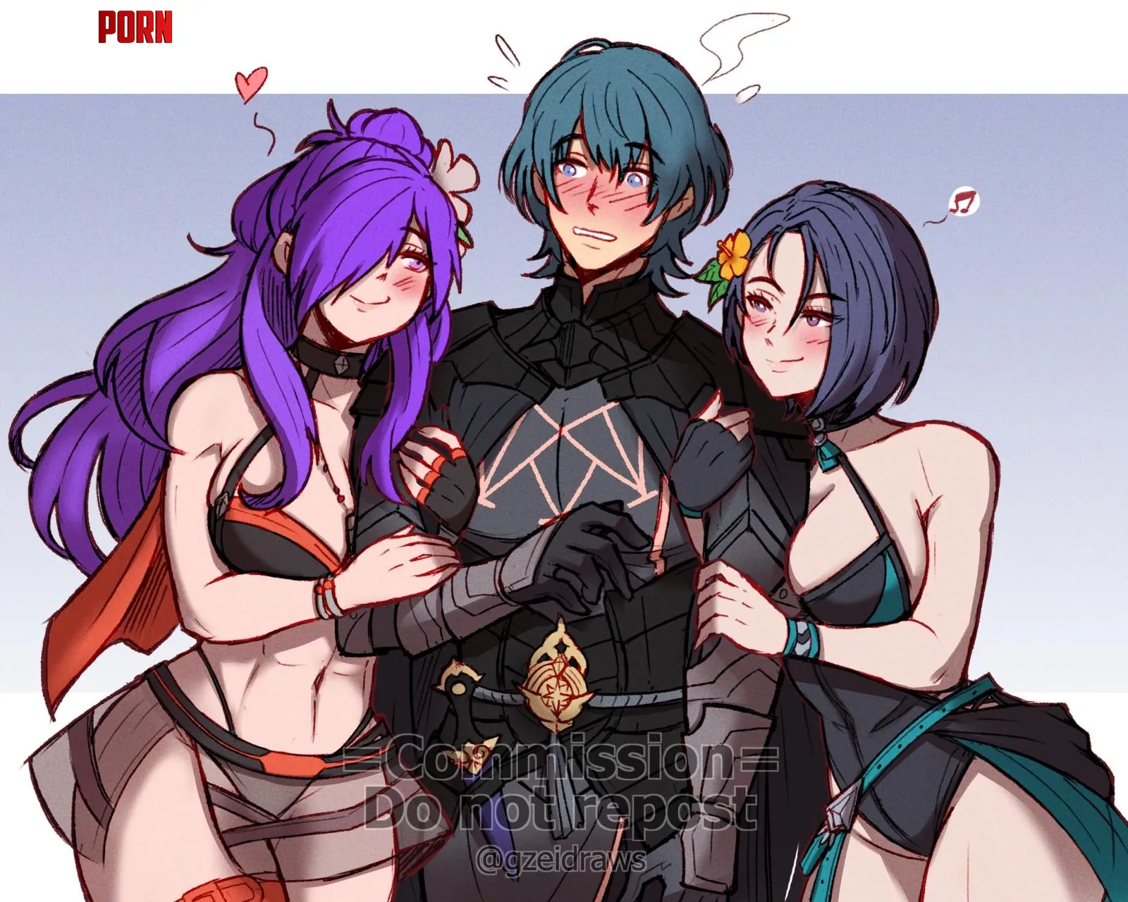 Byleth being seduced by Shamir and Shez's athletic bodies (my commission by gzei) by Terran117