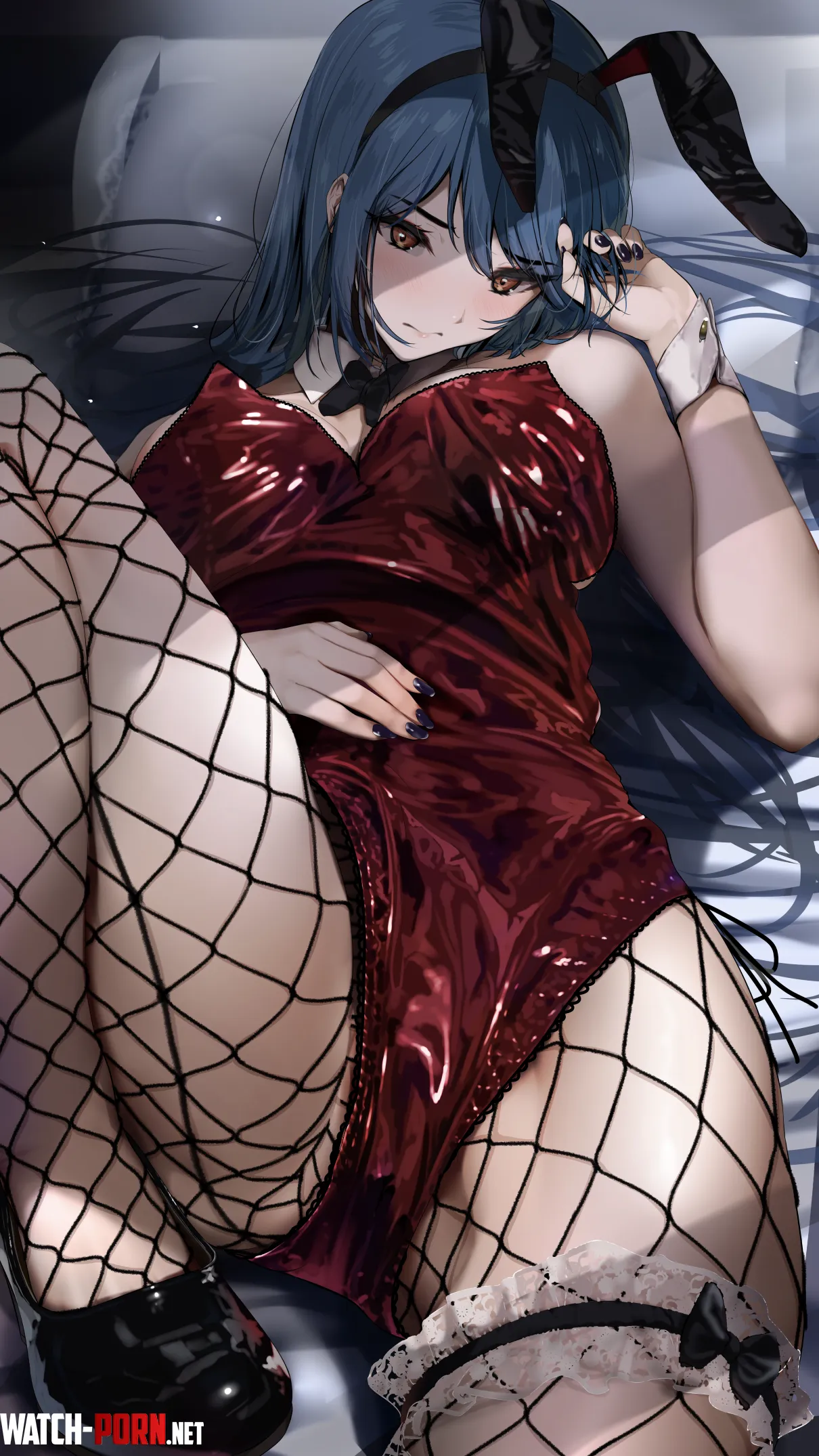 Red leotard and fishnet legwear (ノノはち / nohachi66) by elegantloveglimmer