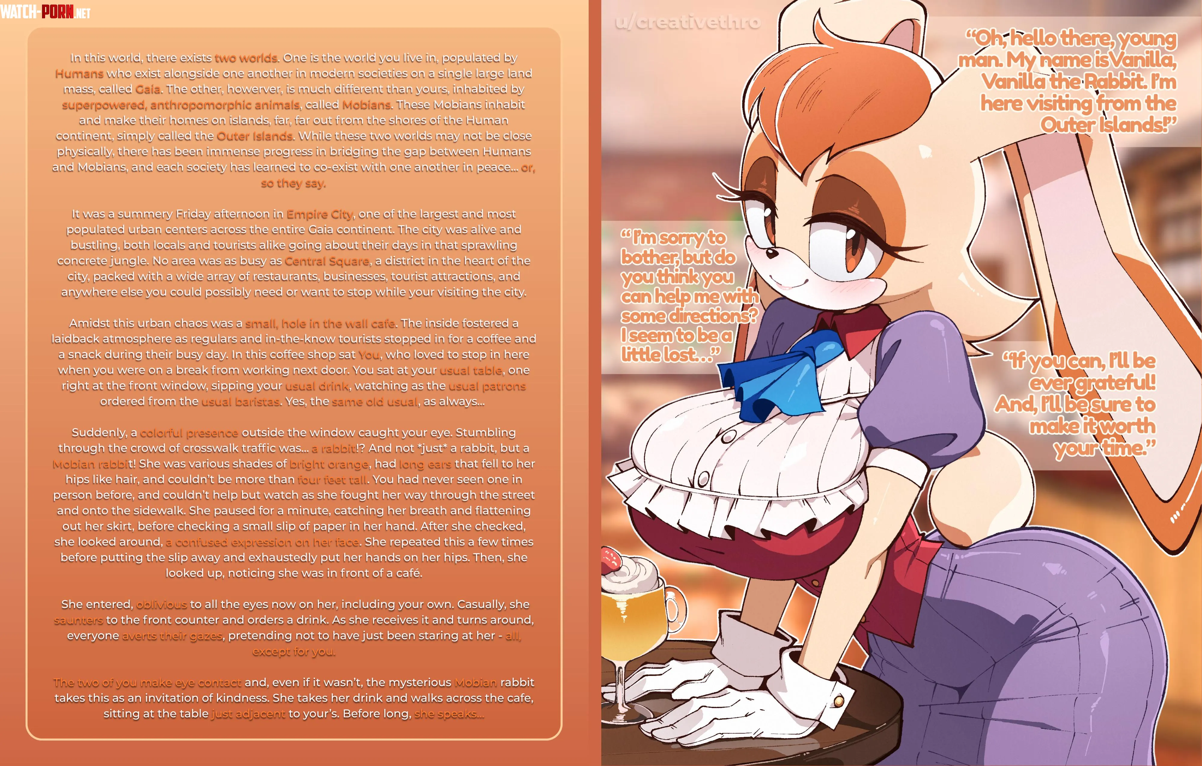 a tourist from another world [part one] [sonic the hedgehog (series)] [vanilla the rabbit] [anthro] [bunny] [big tits] [big ass] [clothed] [tight clothes] [eye contact] [MILF] [pov] [long] [world-building] [story] (artist: scrimblocrimbo) by creativethro