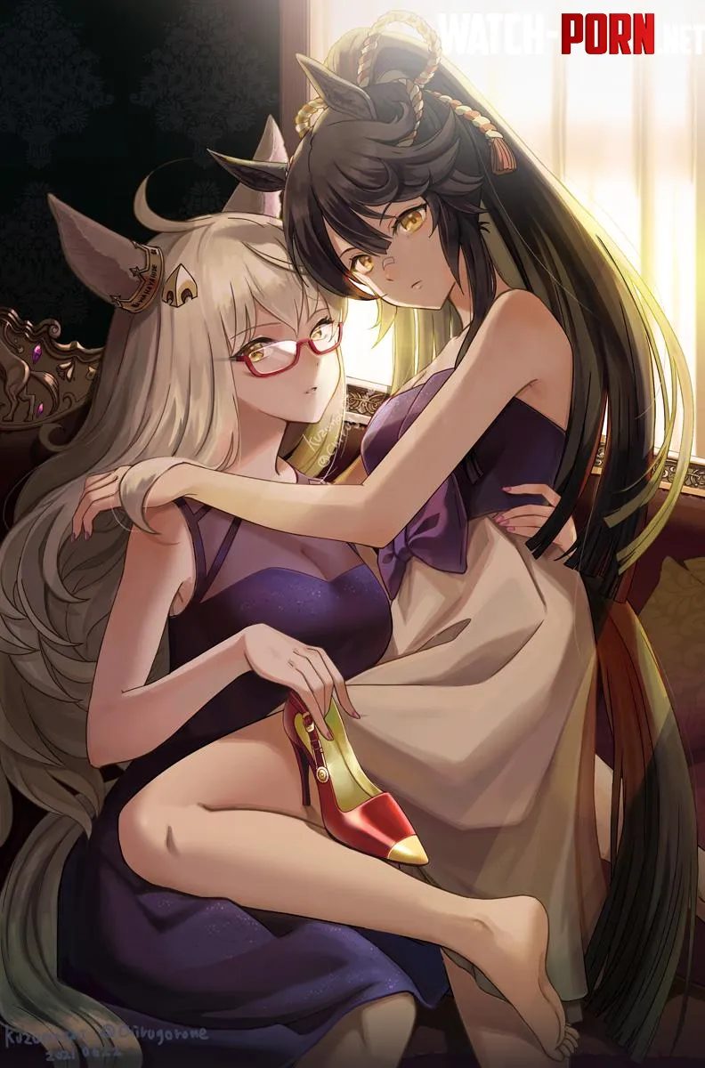 Narita Brian sitting in Biwa Hayahide's lap [Umamusume] (kuzumochi) by MartyrOfDespair