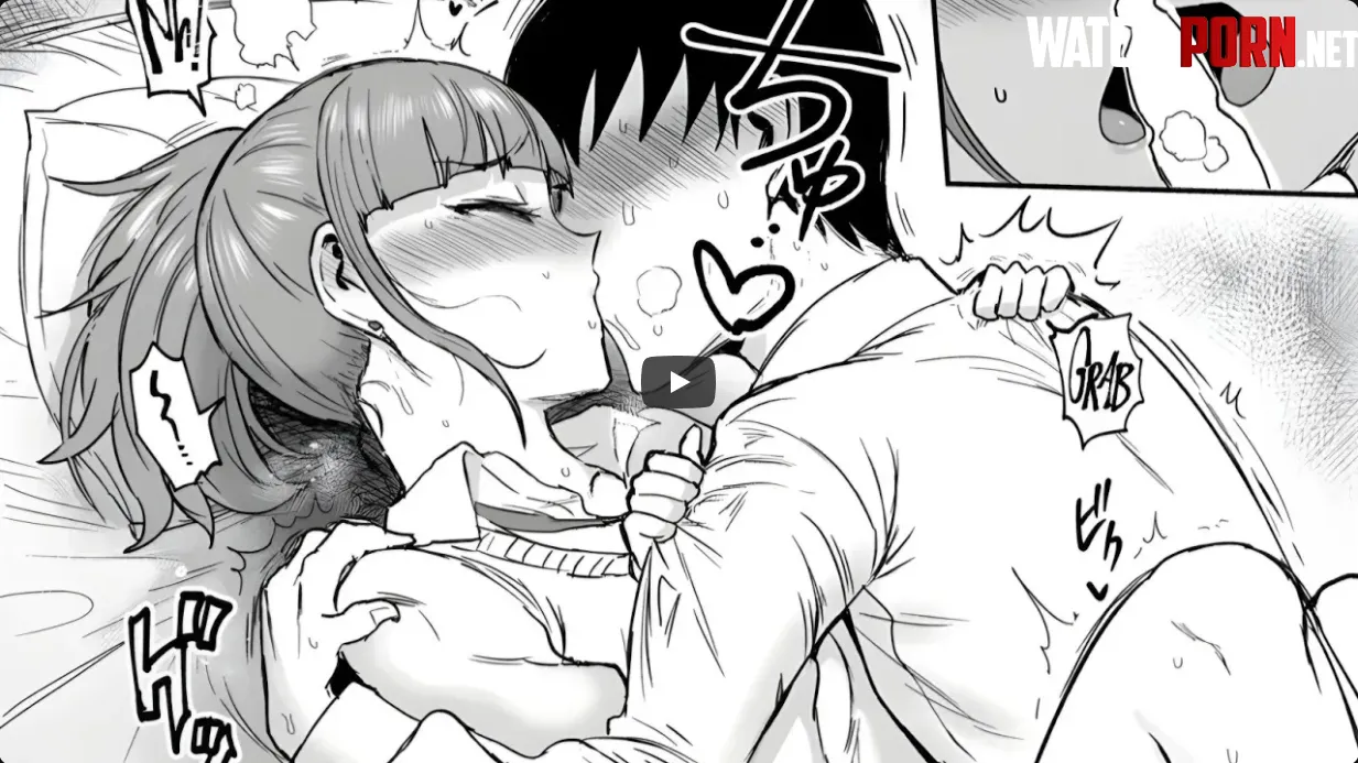 LF Mono source, 1boy, 1girl, hugging, kissing, saliva, sweaty, bed, ponytail, clothed, blushing, 