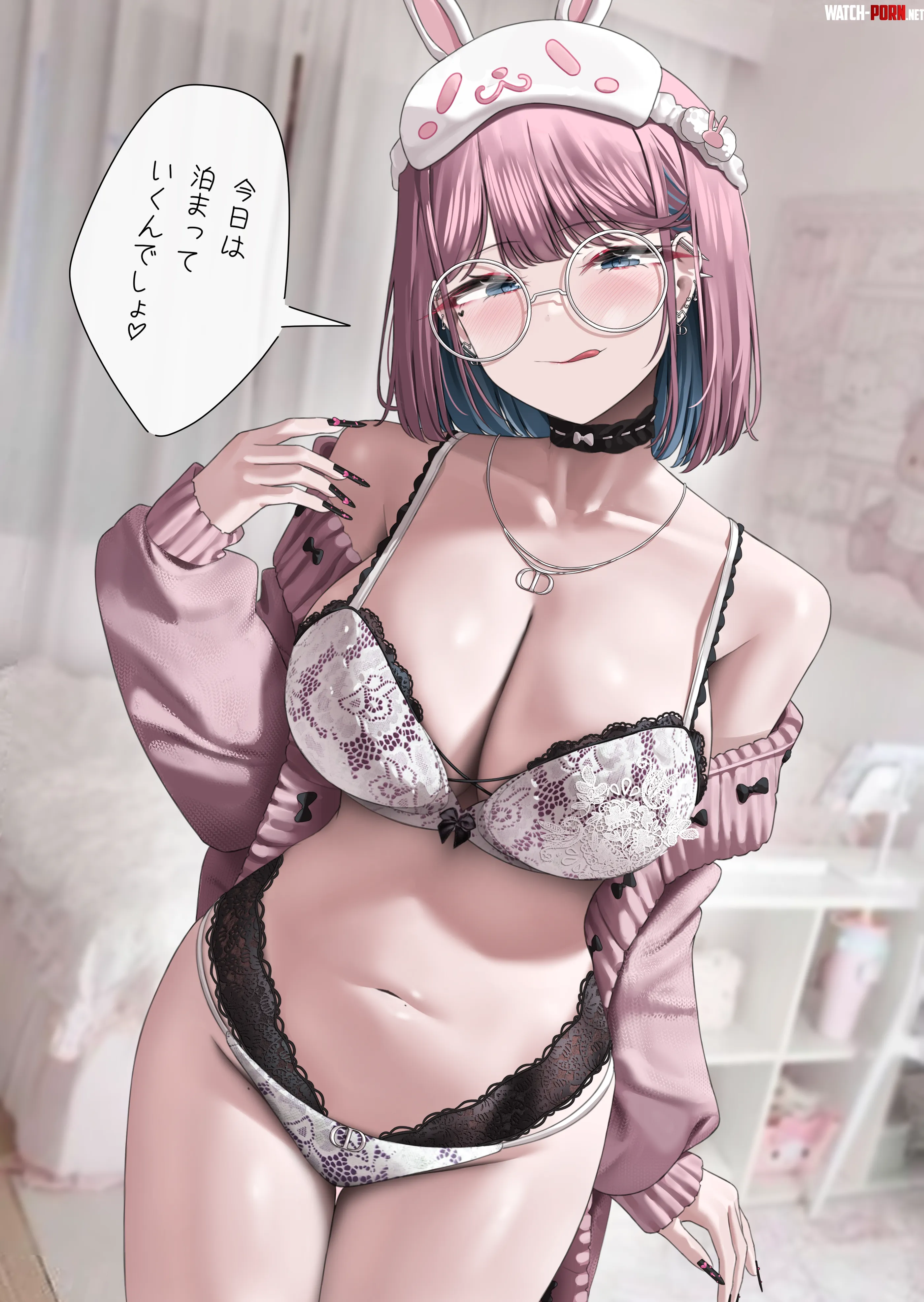 Umeko in pink cardigan and lingerie (くせ / Kuse0201) by elegantloveglimmer