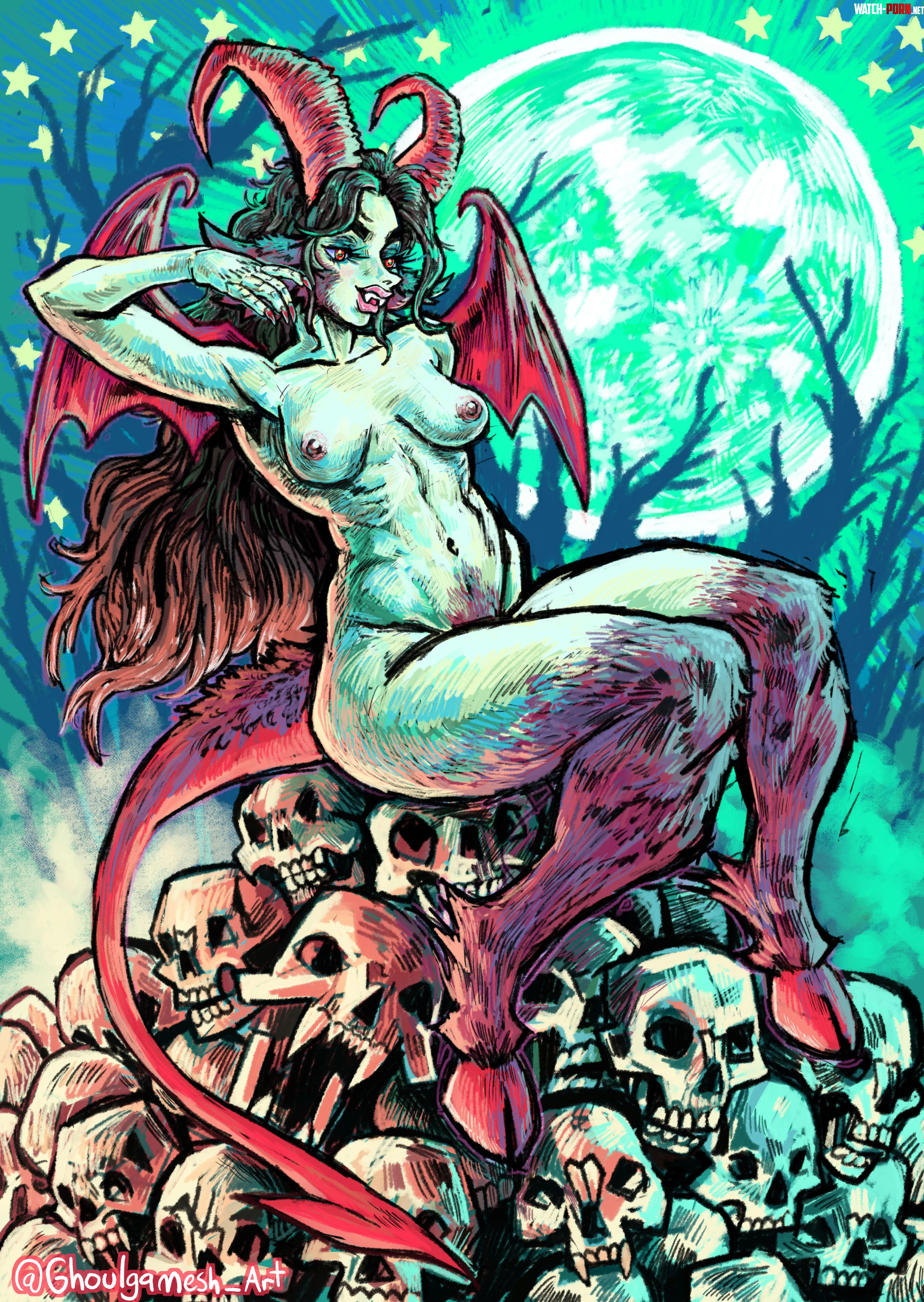 Demon Lady in the Moonlight (Hardcover challenge illustration) by Ghoulgamesh_Art