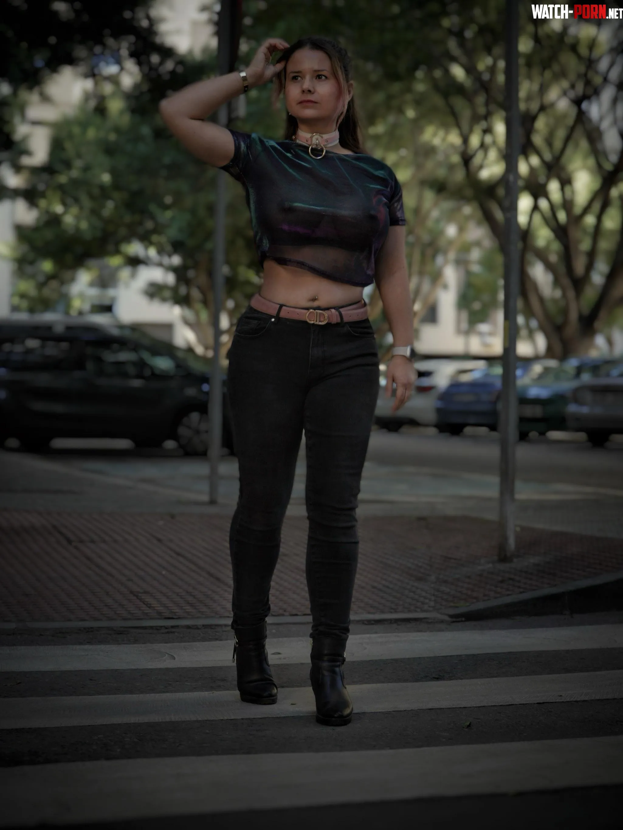 Crossing the street in a sheer top. by FreelyKaty_xx