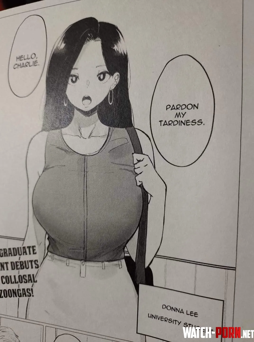 LF Mono Source: “Hello, Charlie. Pardon my tardiness”, “Donna Lee”, “University Student”, “Graduate Student Debuts Colossal Bazoongas”, 1girl, big boobs, black hair by Deez_Bucketz