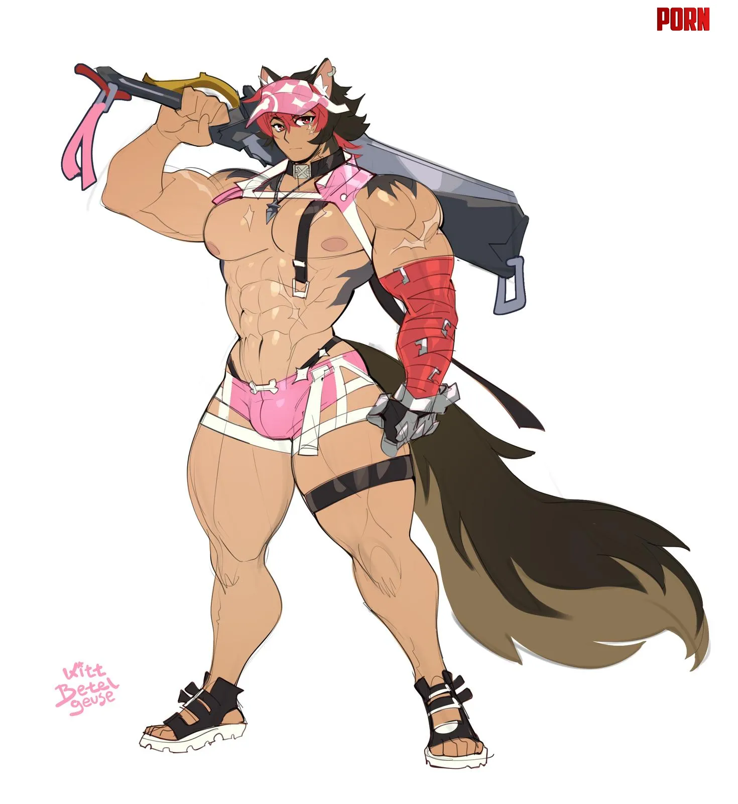 Only true bara men wear pink! It just also happens to be a very little amount of it. Still gotta show off those muscles after all. by Bara_Hunter09