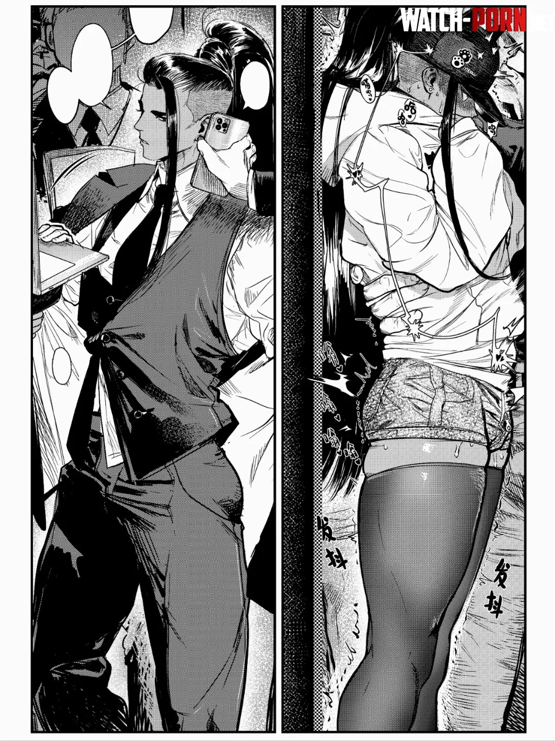 LF Mono Source foreign text, 1boy, black hair, ponytail, suit, crossdressing, hat, shorts, thigh highs by MuhMindBroke