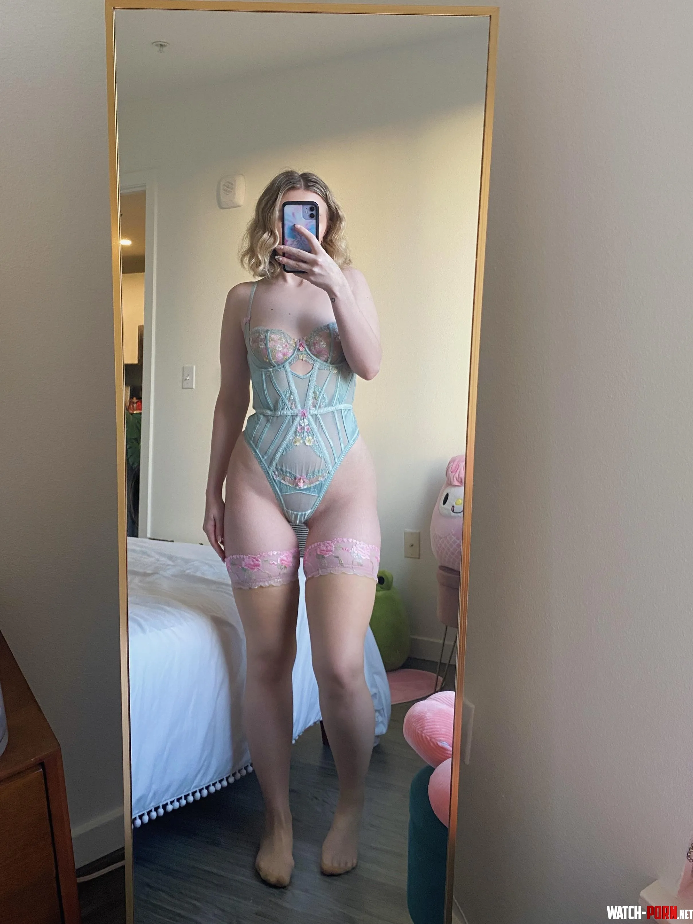 mint bodysuit with pretty pink stockings by flatlacroix2