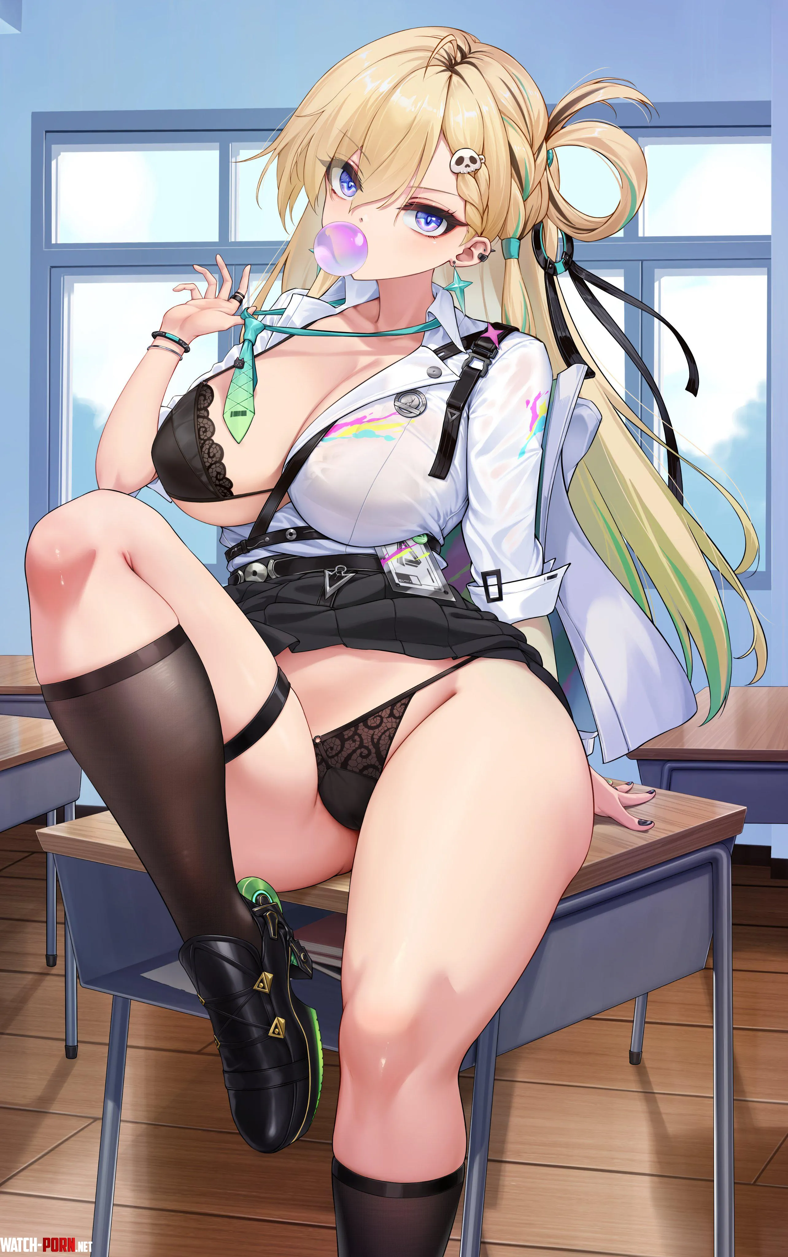 Lynae sitting on desk and shows her bra (niliuchahui) by StellarStunning