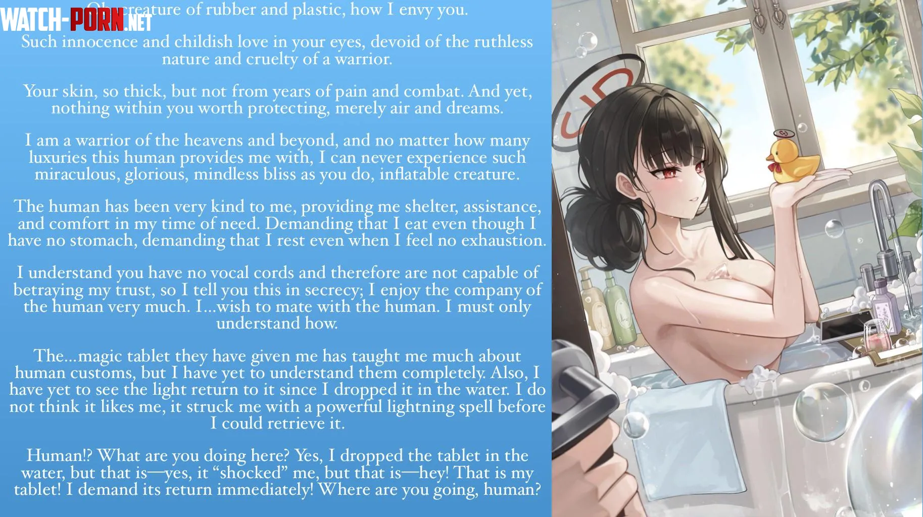 Your fallen angel GF(?) enjoys a bath [gender neutral POV(most likely male)] [poetic] [non-human speaker] [monologuing] [humor] [cute] by Sir-M-Oxlong