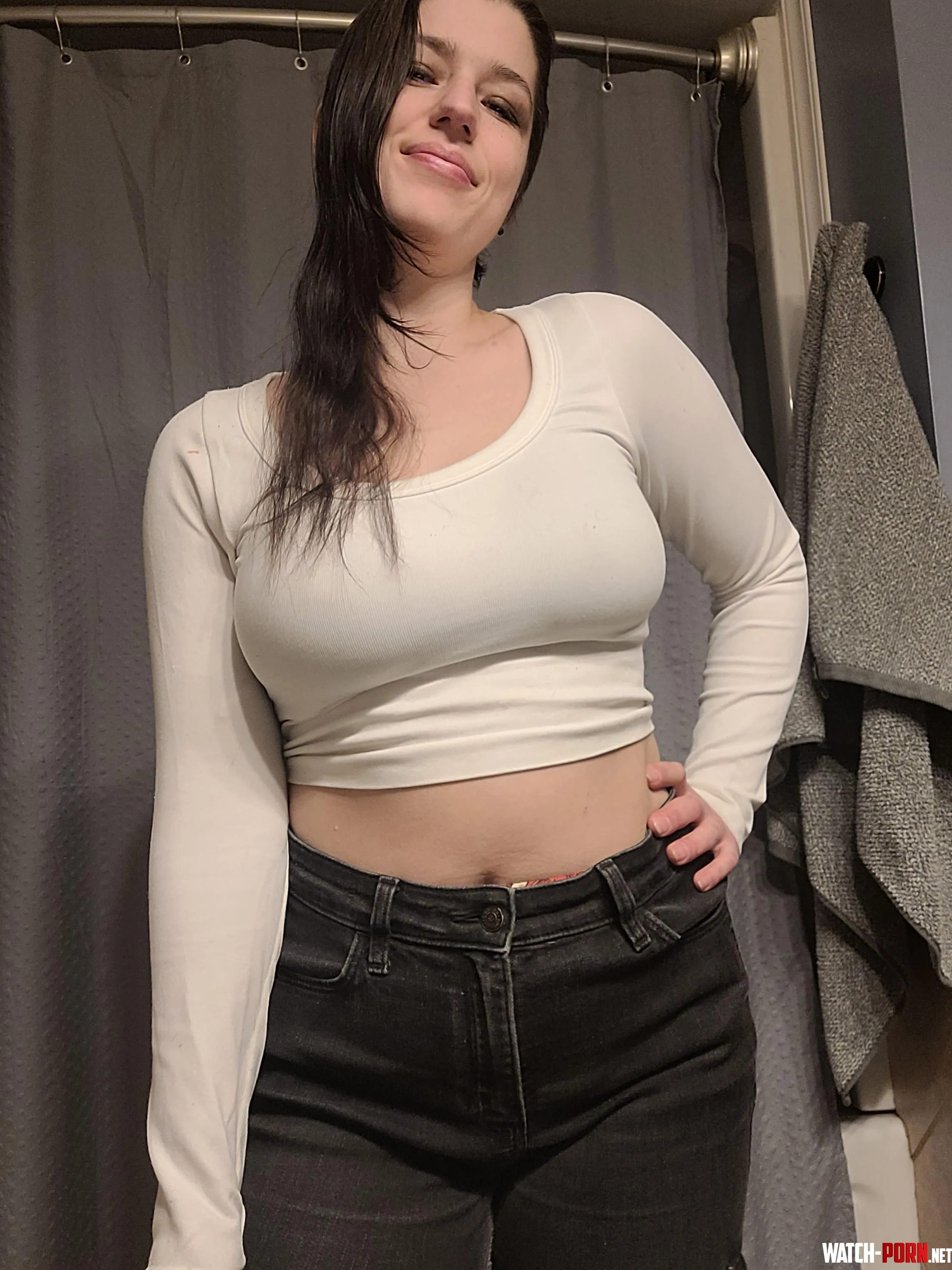 Bathroom selfie long sleeved white crop top by inked_emma_honey