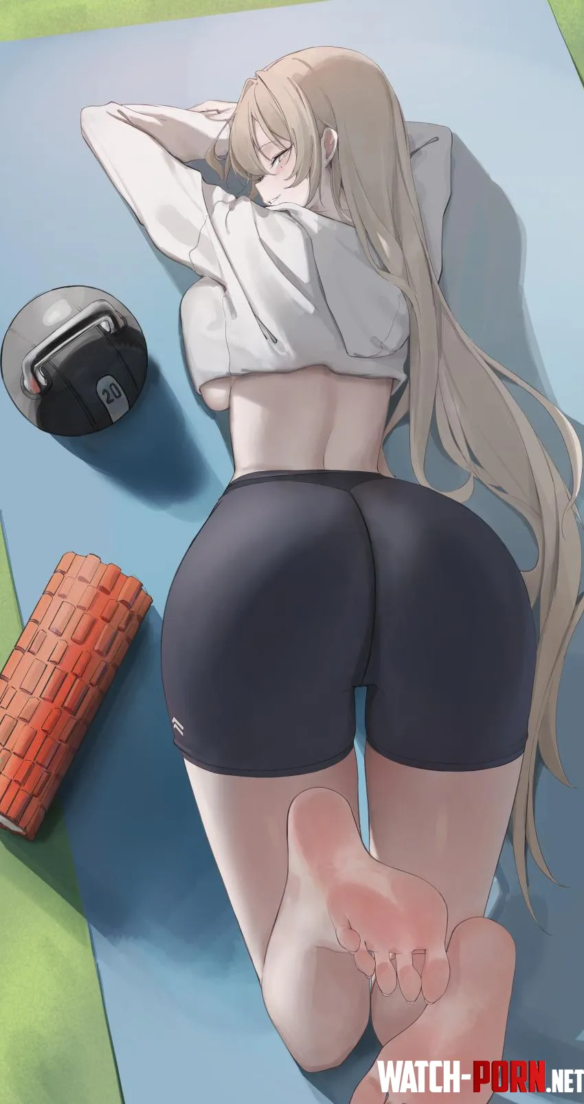 Blonde workout break barefoot view by SatireNoir