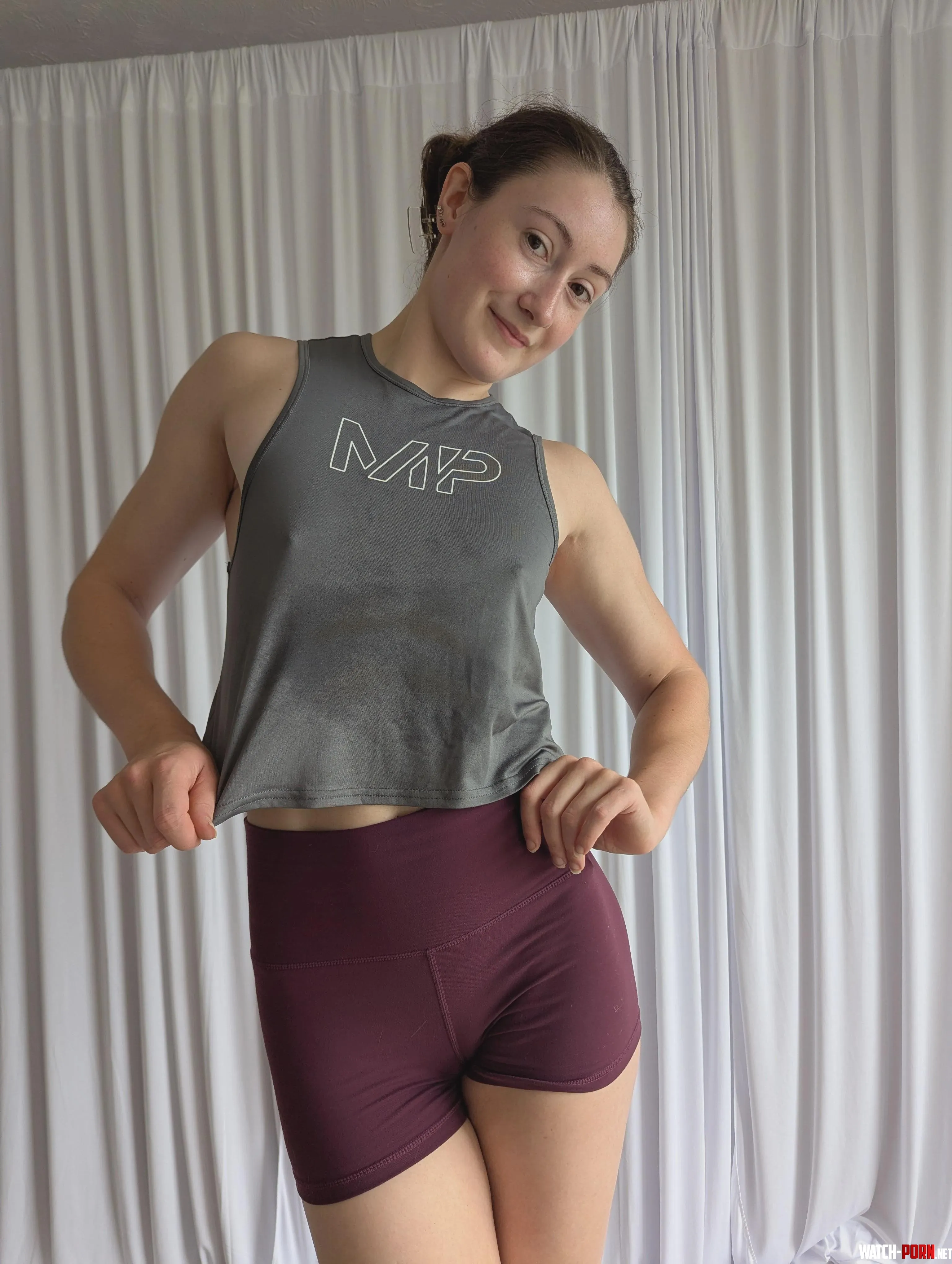 Sweaty pokies tease with a playful top tug by SirenSasha_336