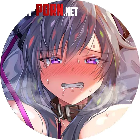 LF Color Source: 1girl, purple hair, purple eyes, bangs, large breasts, collar, leash, drooling, saliva, sweating, blushing, ribbons, mouth closed, teeth by james_swinters