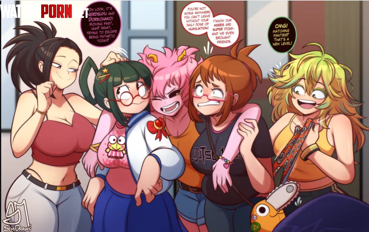 my hero academia here a nerdy version of ochako and tsuyu suffering bullying from mina, yaoyorozu and Hagakure and ochako especially suffers since she receives a wedgie (semidraws) by Fair_Championship471