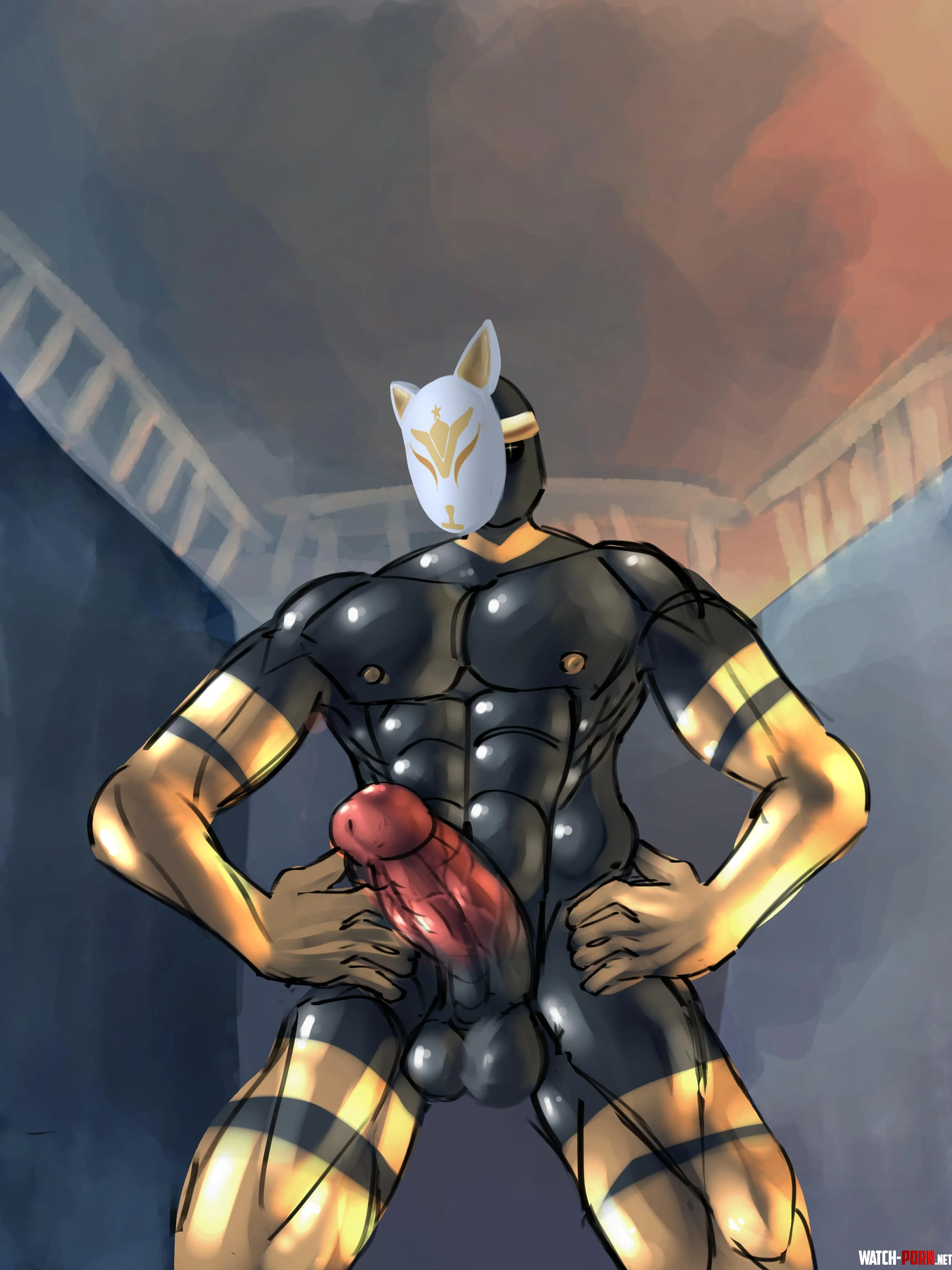 Shiny Black Gold Kitsune posing with Hard Dick (OC) by lccas_