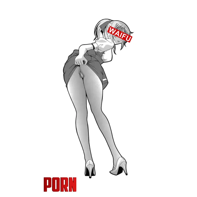 LF Mono Source: waifu, 1girl, censored eyes, ponytail, blushing, tongue out, blouse, skirt, high heels, ribbon, skirt lift by james_swinters