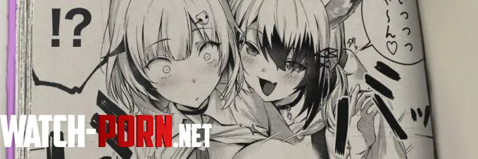 LF Mono Source: 2girls, animal ears, breasts out, choker, foreign text, hair between eyes, large breasts, looking down, necktie, open shirt, sfx, short hair, skin fang, skull hair ornament, spoken interrobang, surprised, two-tone hair, wide eyed by HentaiSource_Archive