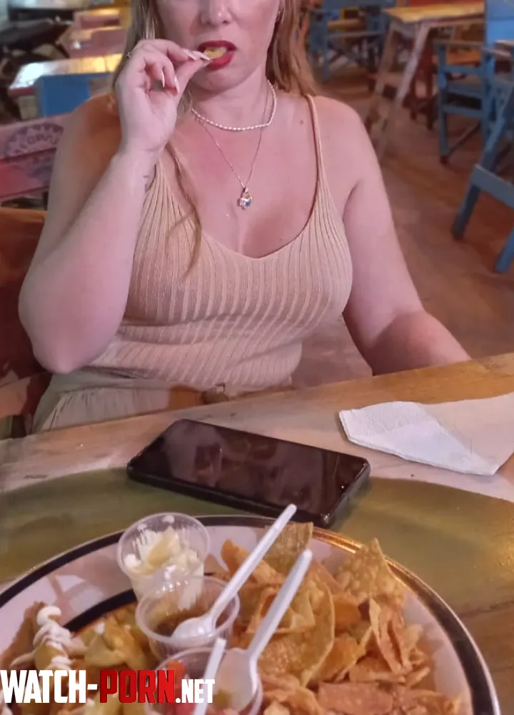 Eating some french fries, without a bra of course by onlymarye_foryou