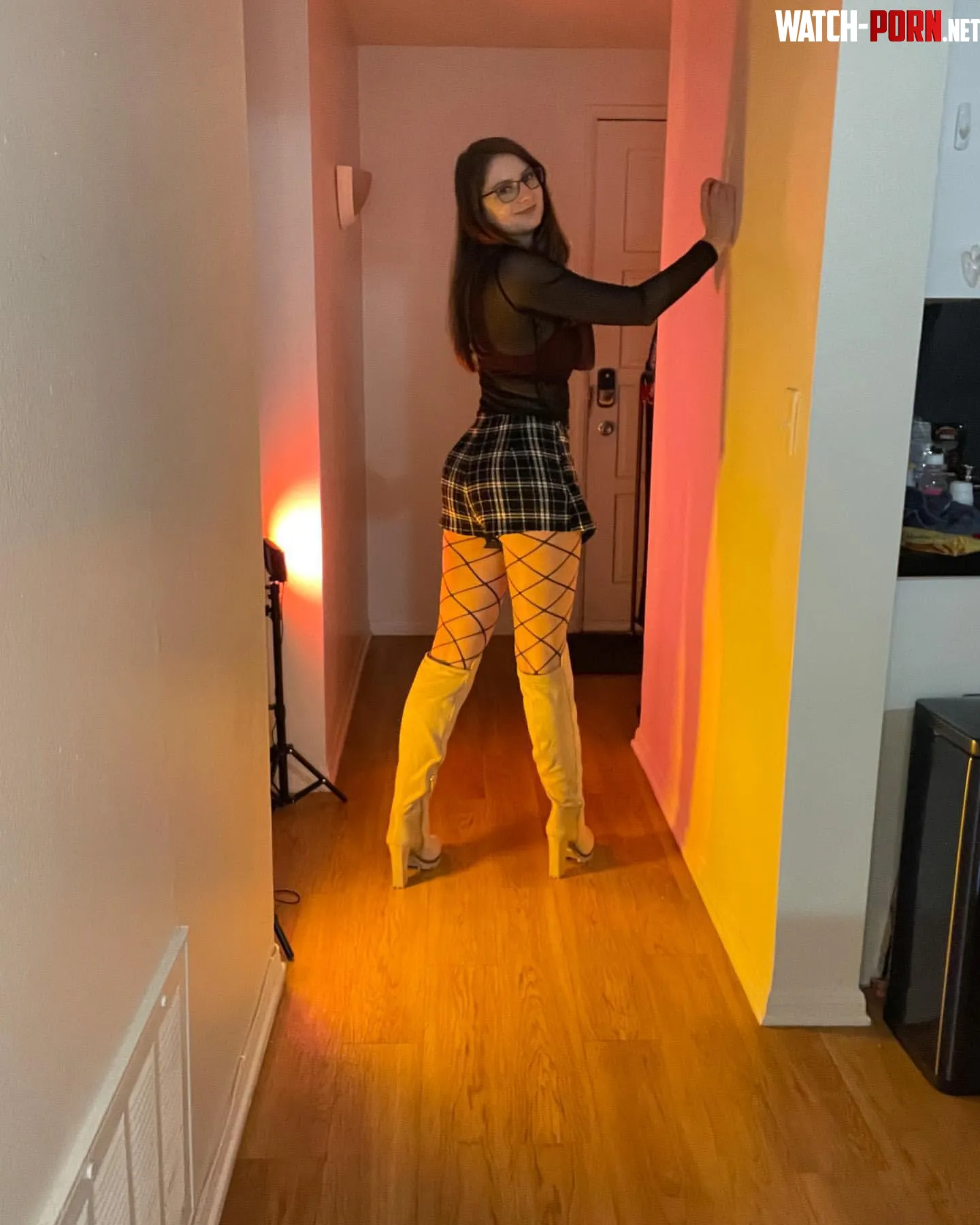 Fishnets, school girl skirt and see through top. What’s not to love by Supersammie6