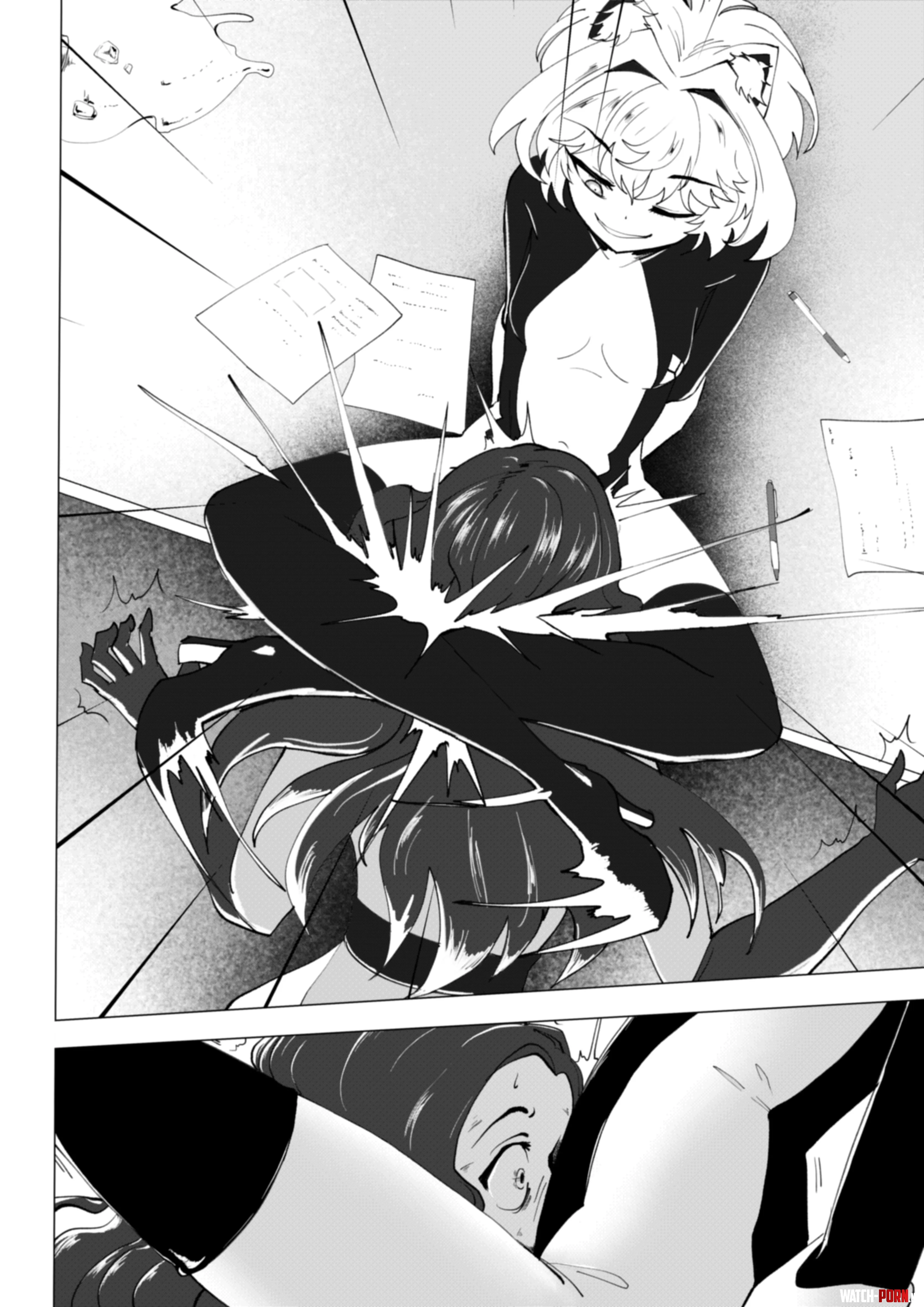 Mono 2girls, headscissor, headlock, head between thighs, surprised, shocked, bodysuit, boots, leotard, gloves, animal ears, light hair, small breasts, dark hair, wide eyed by SneekiiArt