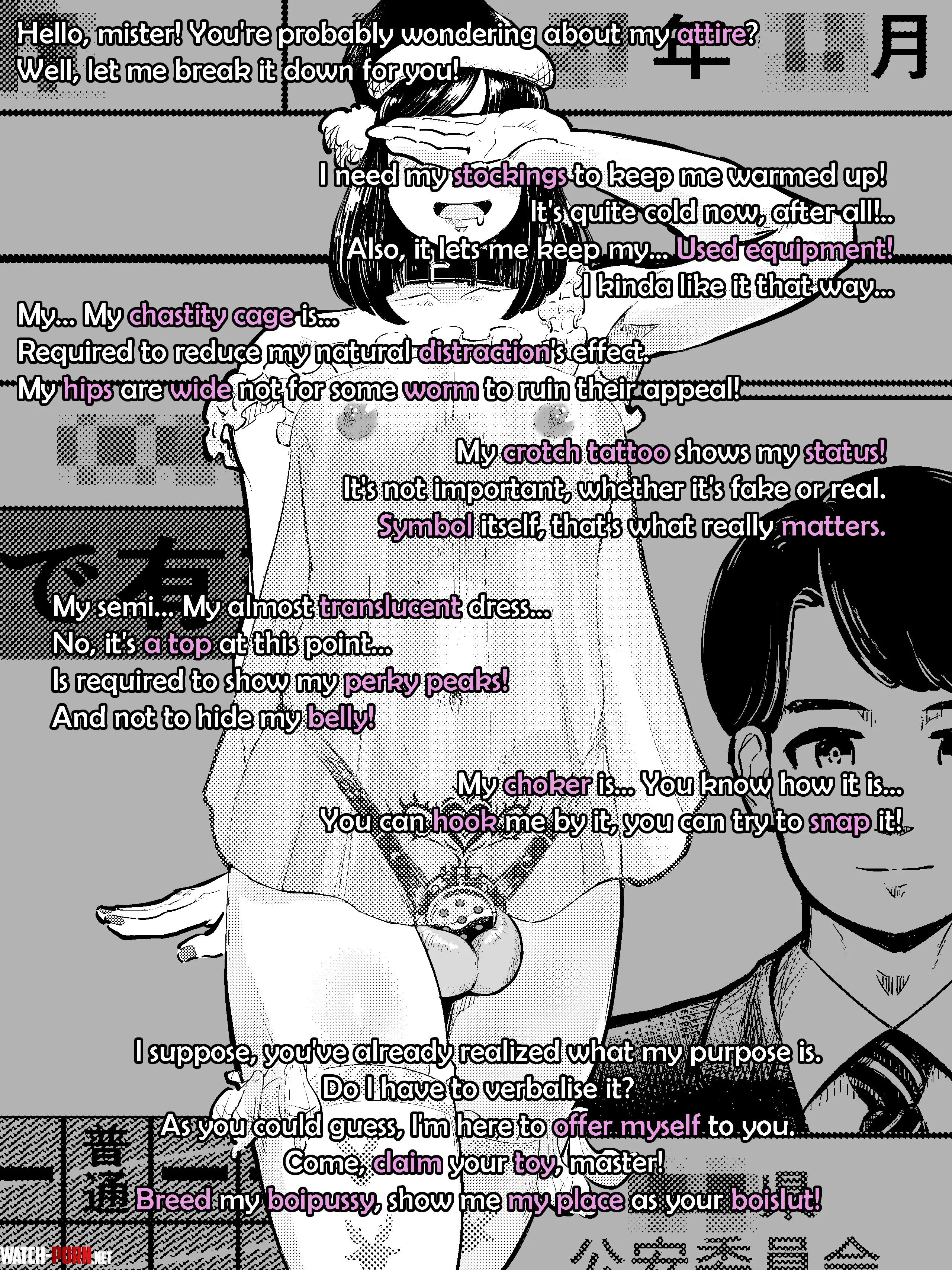 A pesron approaches you. What could their deal be? [Sissy] [Femboy] [Boislut] [Chastity] [Crotch Tattoo] [Submissive] [Boypussy] by XandeXis18