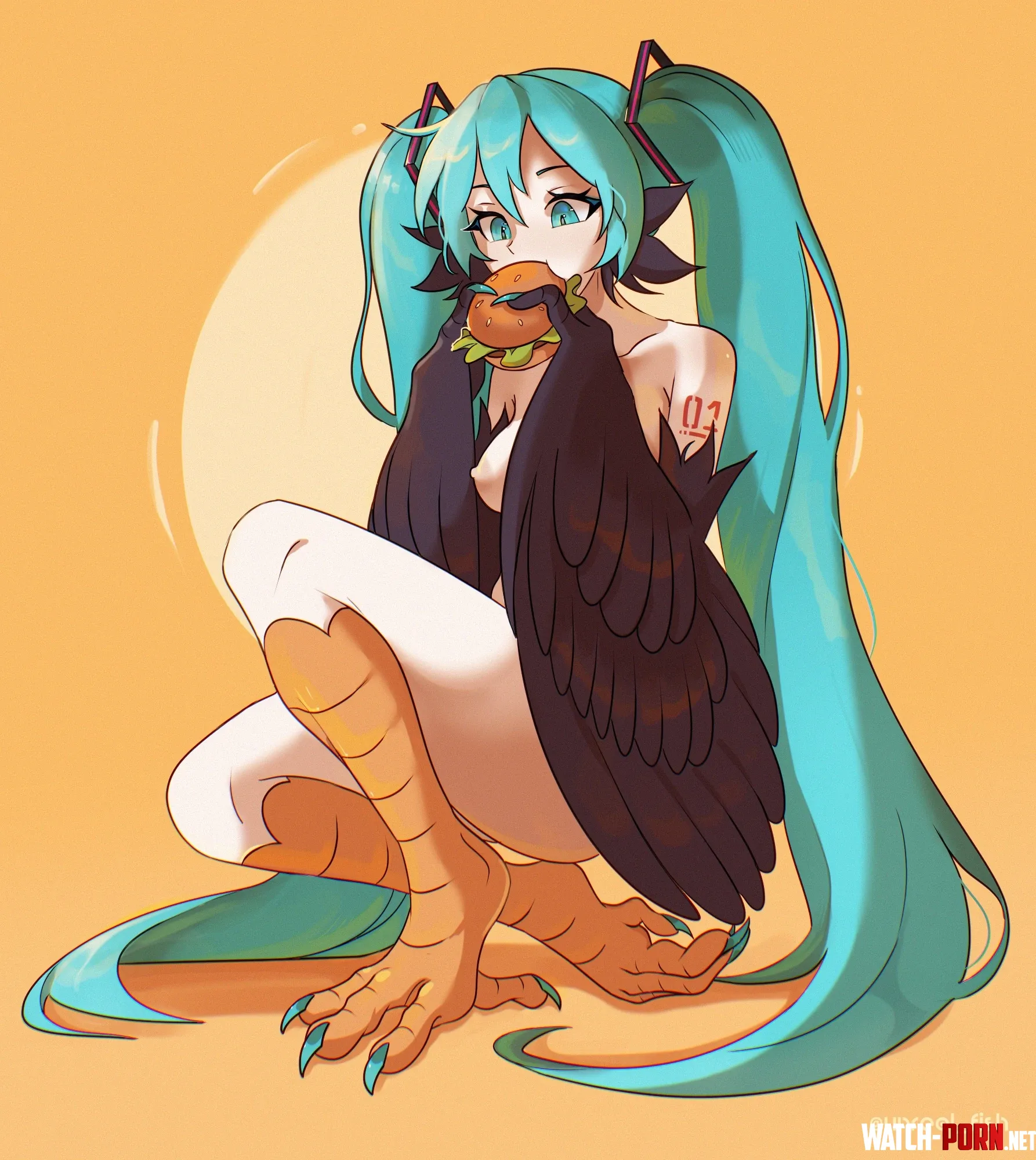 Harpy Miku eating a borgar 🍔 (unrealfish) by Lusty_Commissar