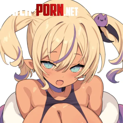 LF Color Source: 1girl, twintails, bat hair ornament, blonde hair, purple highlights, tan skin, elf ears, blue eyes, large breasts by LateSilks