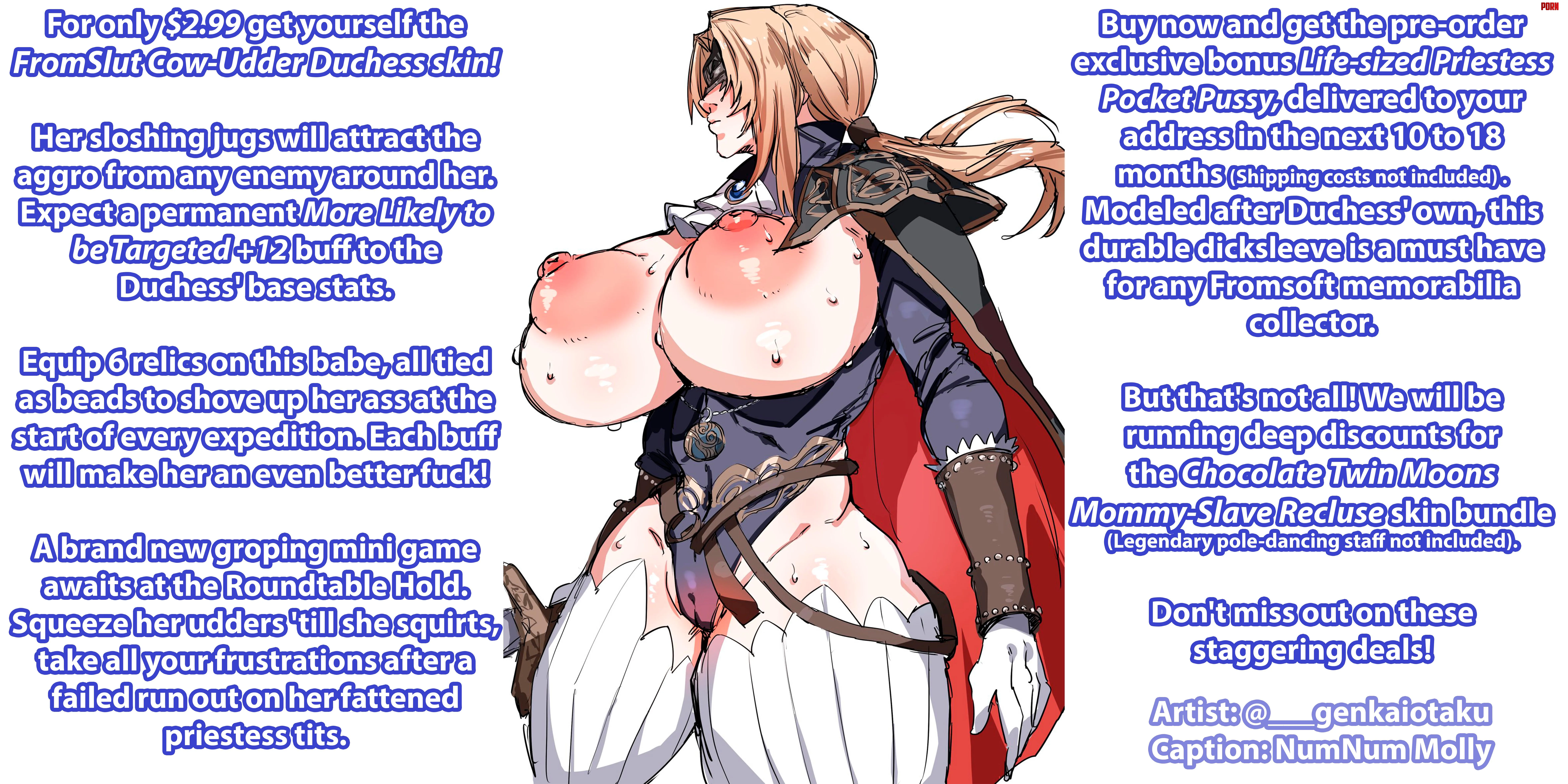 Duchess DLC Deal [Advertisement][Nightreign][Objectification][Degradation][Microtransactions][Videogame Stats][FromSoft Girls][Artist: @___genkaiotaku] by Sombraros