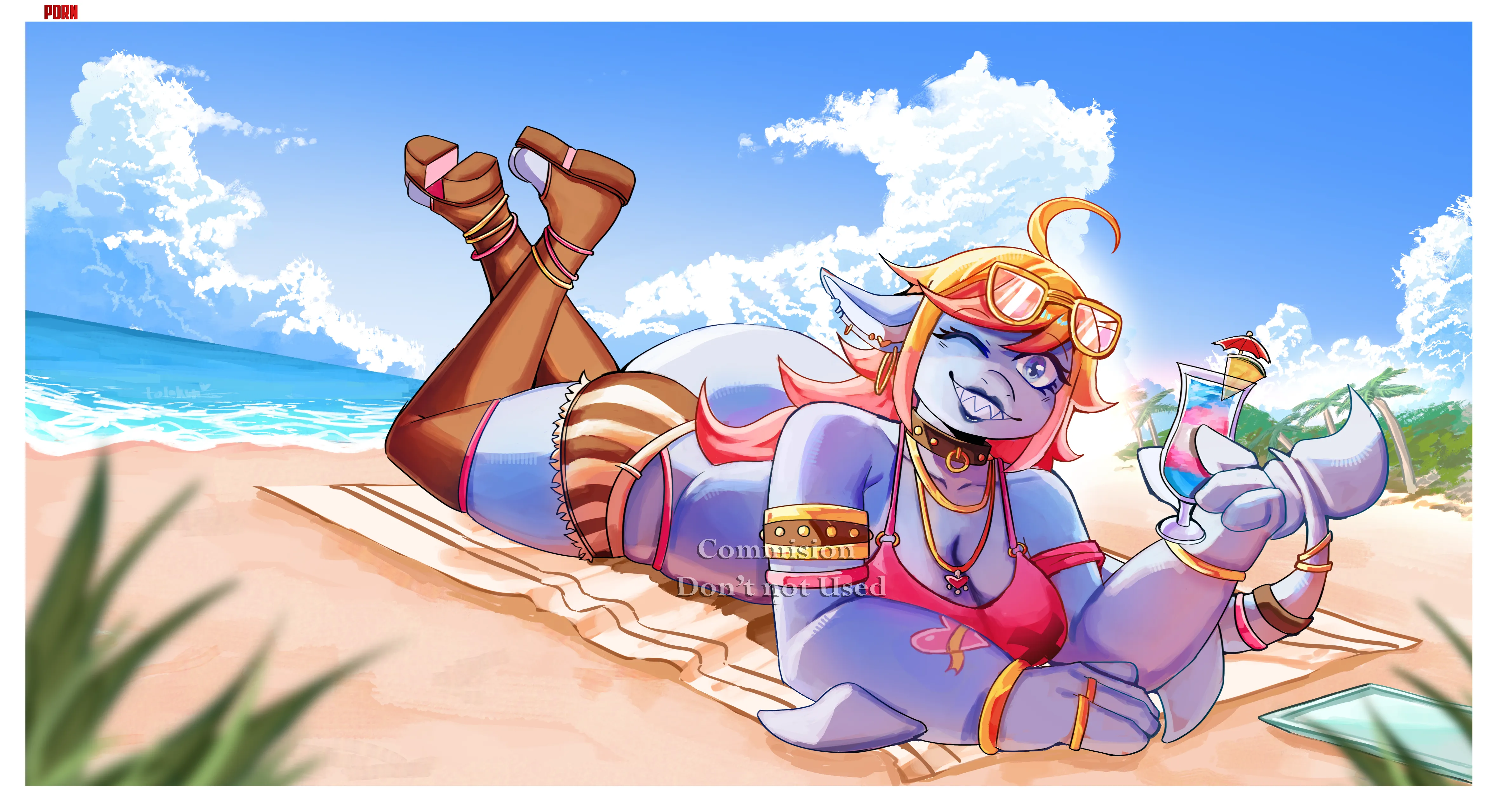 Sunny beach with shark lady [art by me] by Toomytolakangin