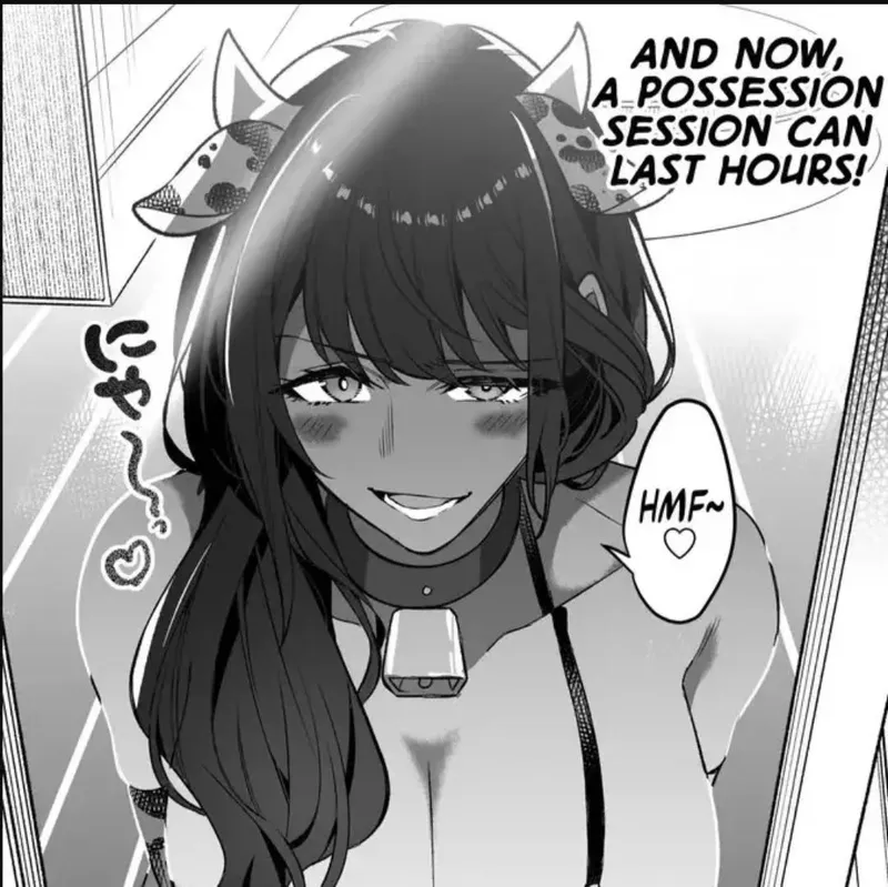 Thumbnail LF mono source: 1girl, dark skin, collar, cow bell, cow ear, cow bikini, horn, blushing, black hair, long hair, open mouth, mirror, 