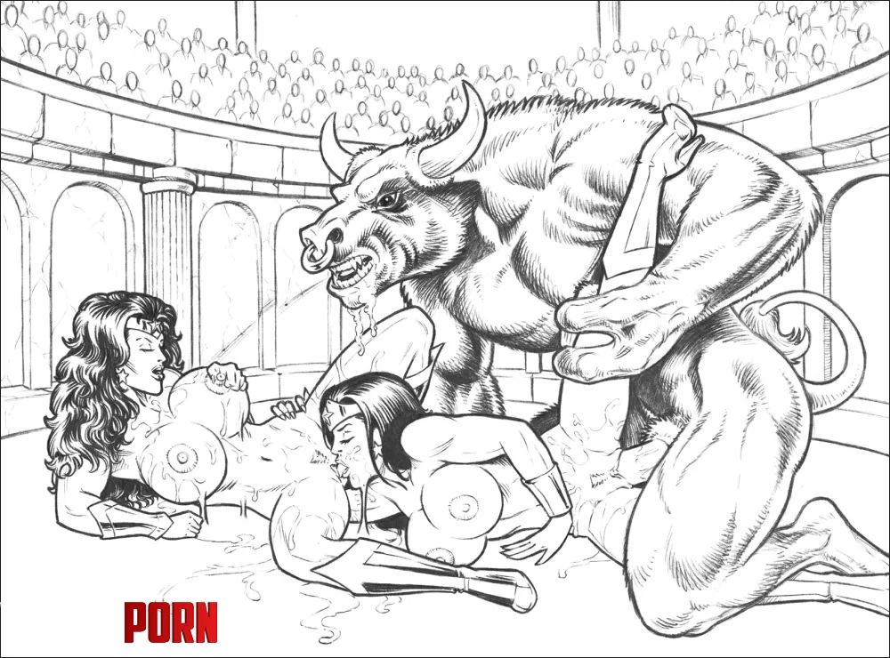 Wonder Women versus the minotaur (HighHeeledJill) [DC Comics] by EnigmusPrime