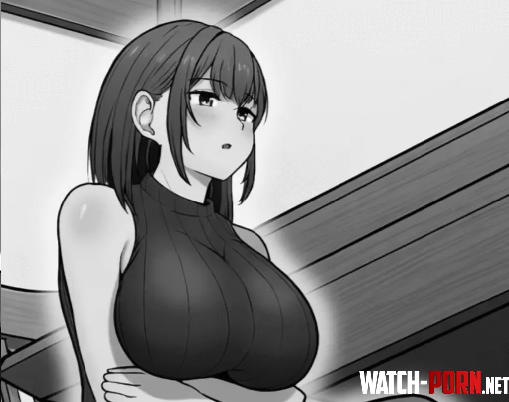 LF Mono Source: 1girl, short hair, Danbooru, turtleneck, sweater, housewife, big breast, blush, sitting by MaintenanceLow9418