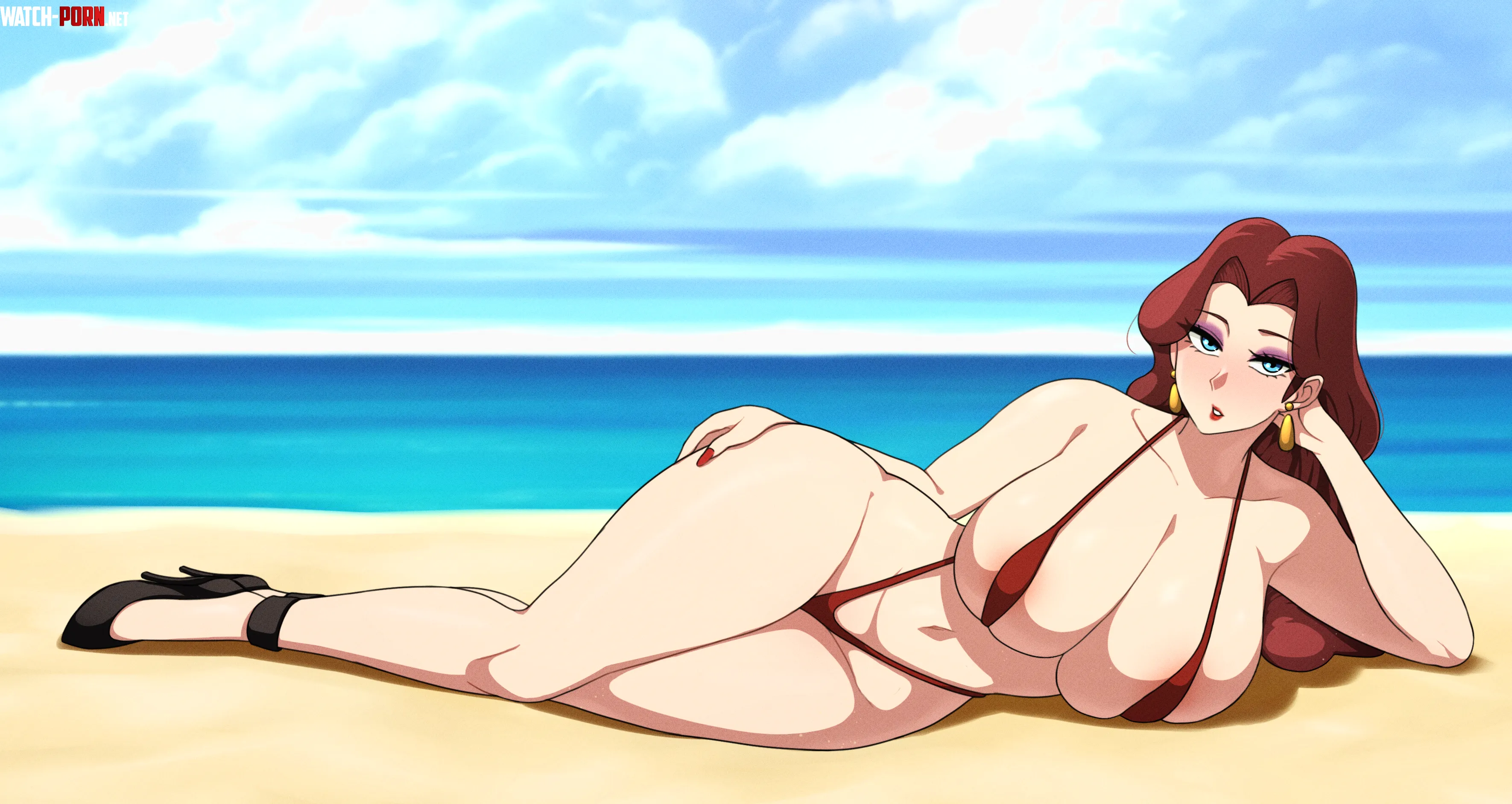 Lady Pauline relaxing on the beach in her new attention getting swimsuit. (Zoxxdot) by bouncebewb